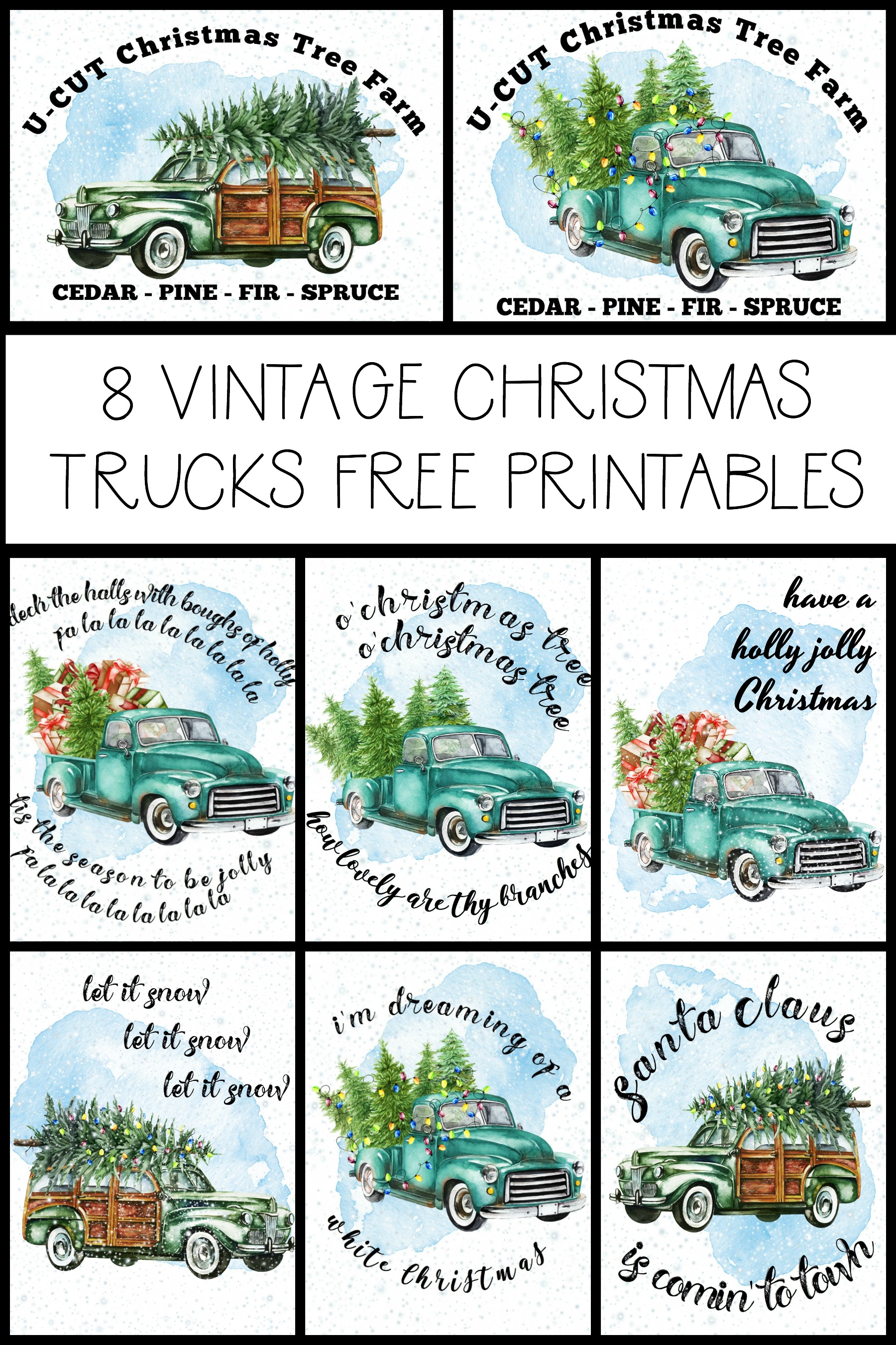 8 vintage Christmas Trucks Free Printables poster.