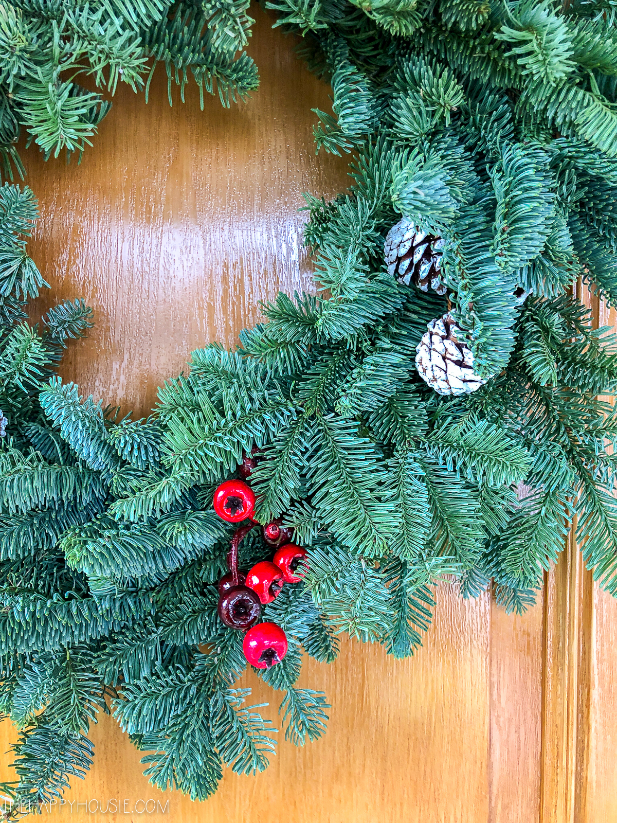 The green wreath on the door with red berries on it.