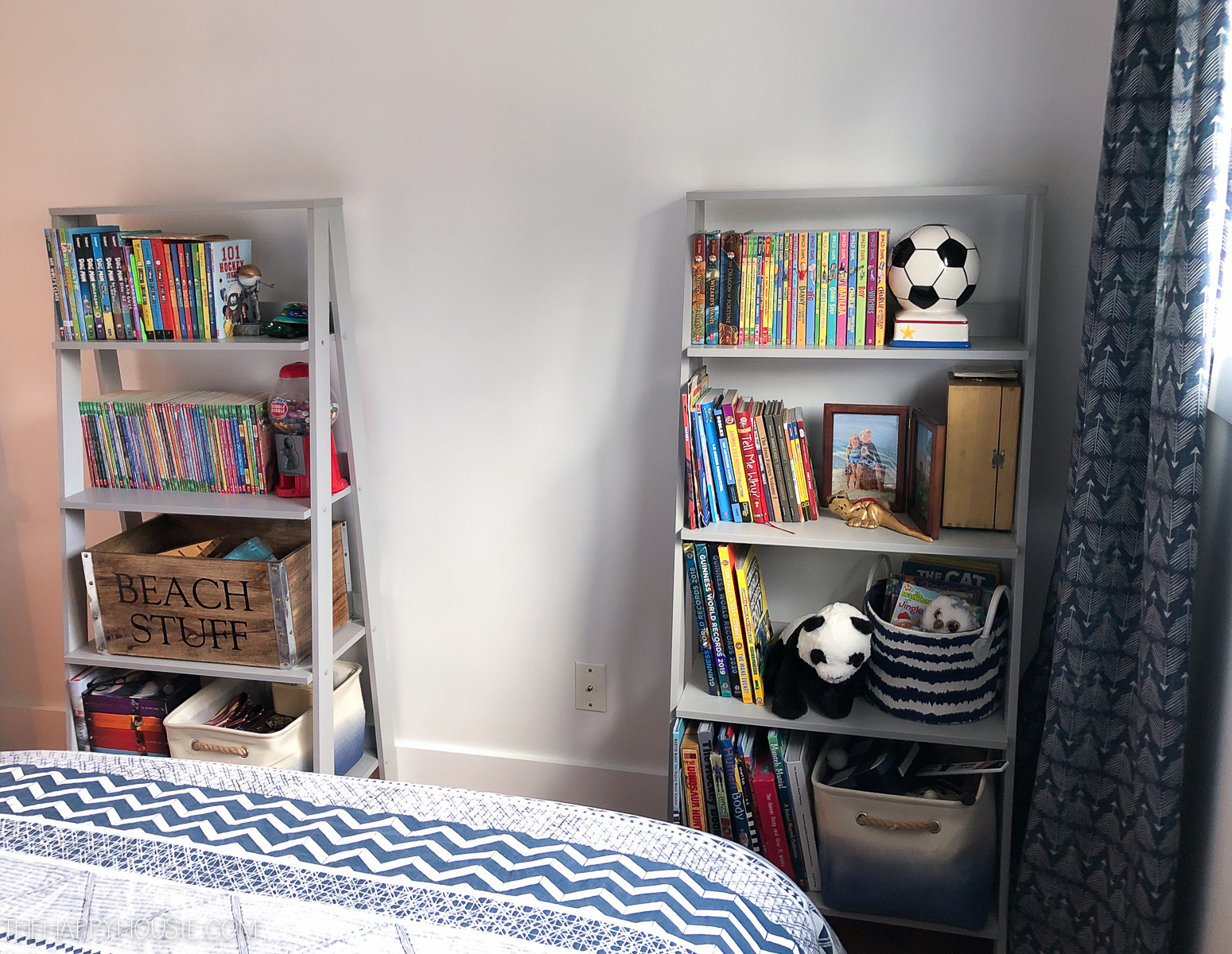 Two bookshelves in the bedroom.