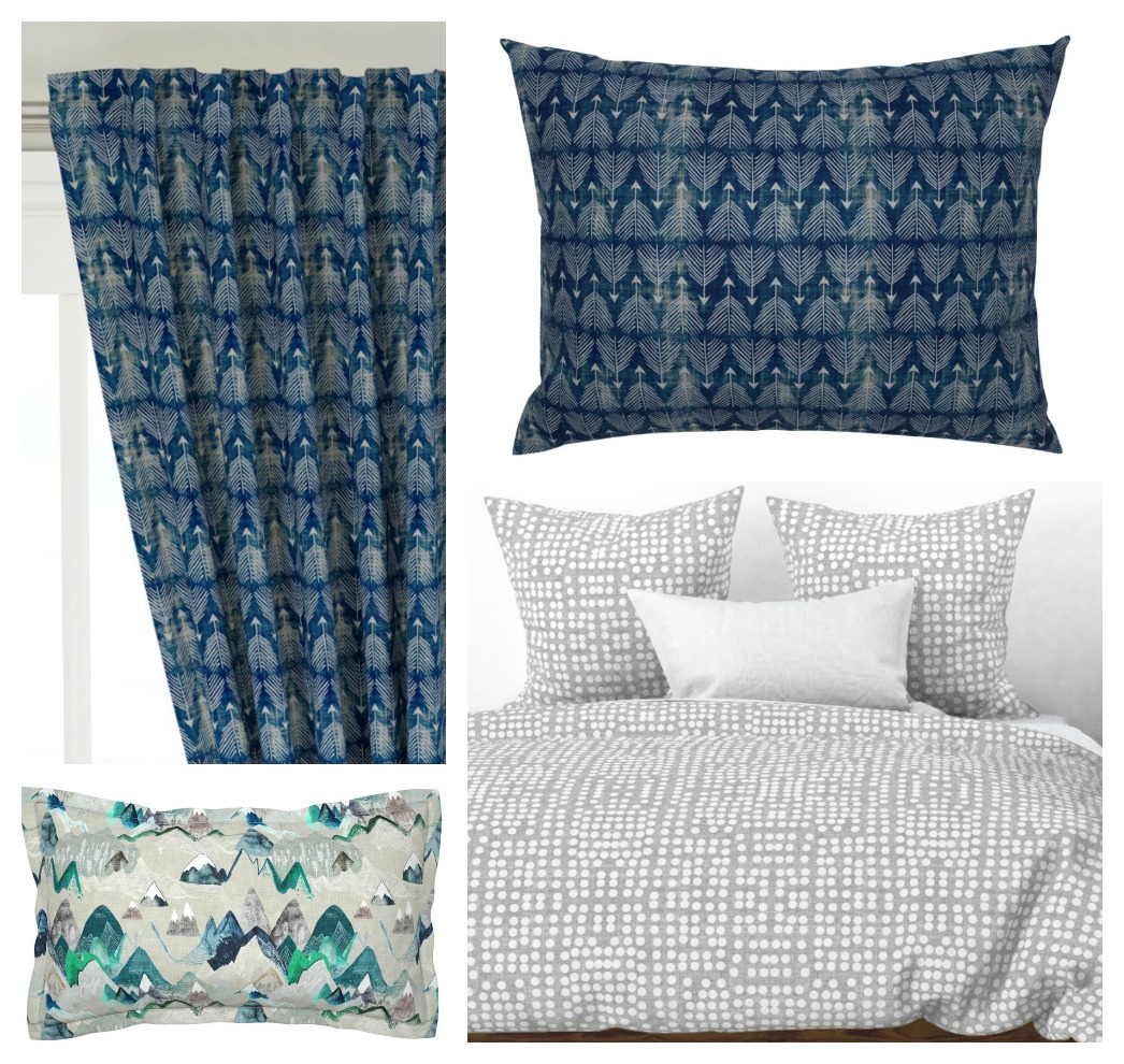 Curtains, a throw pillow and bed mood board.