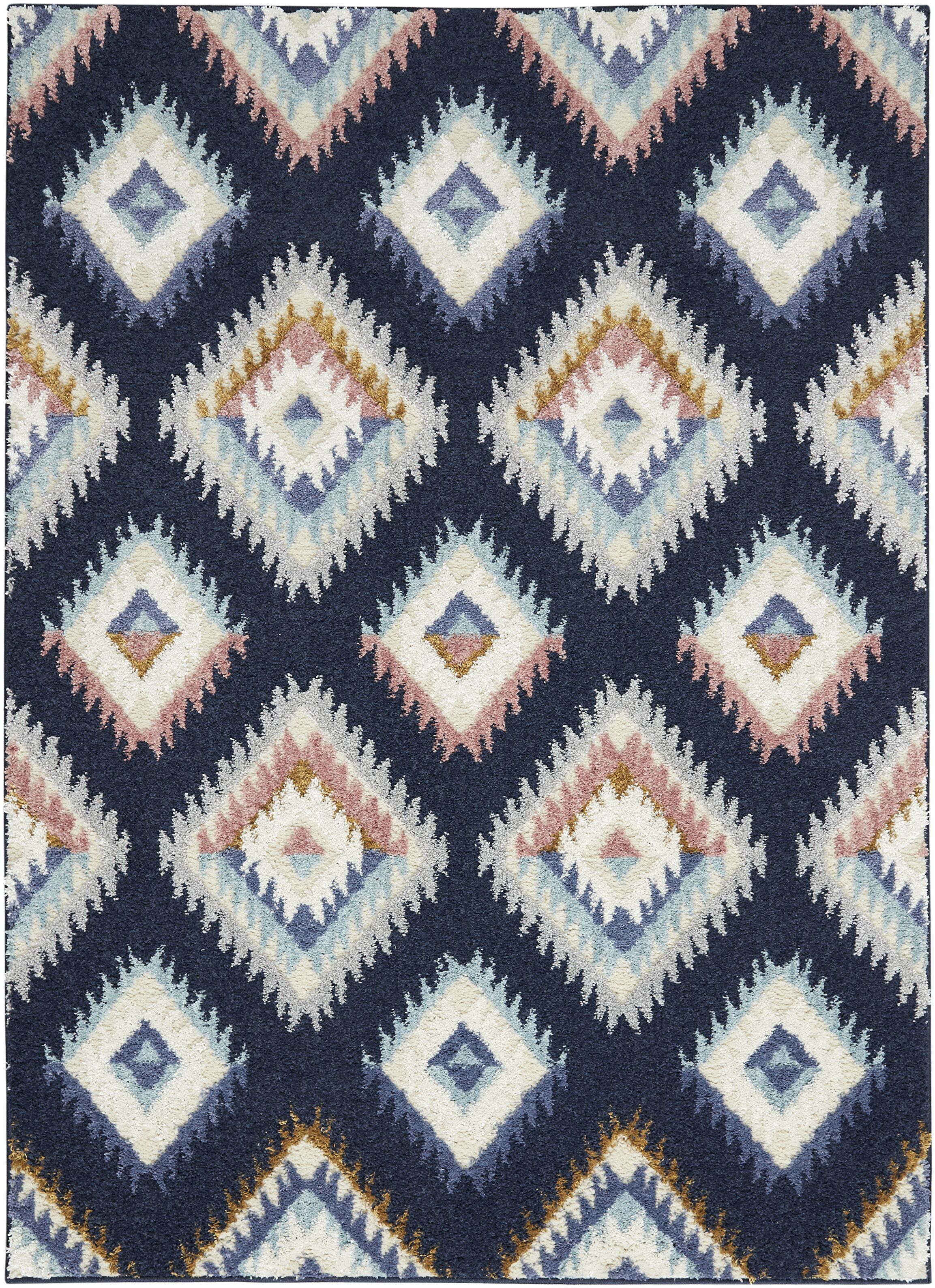 A patterned rug in blues and greys.