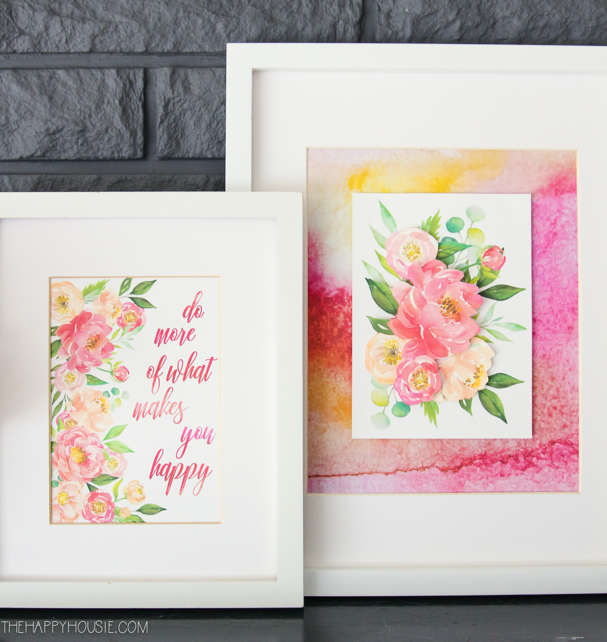 Two floral printables on the mantle.