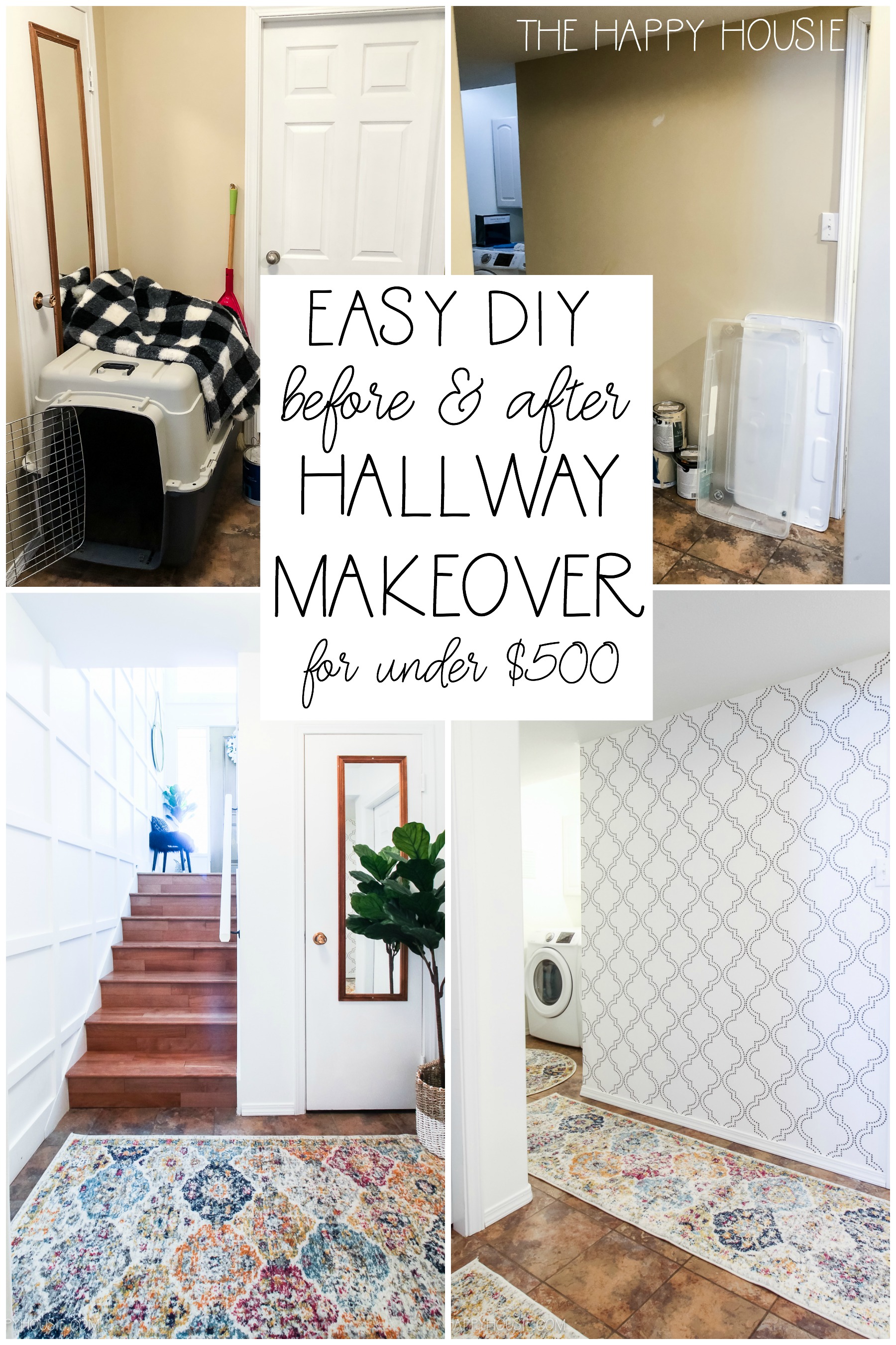 a hallway refresh on a budget featuring black and white wallpaper and cheery rugs and runners to cover old tile floors