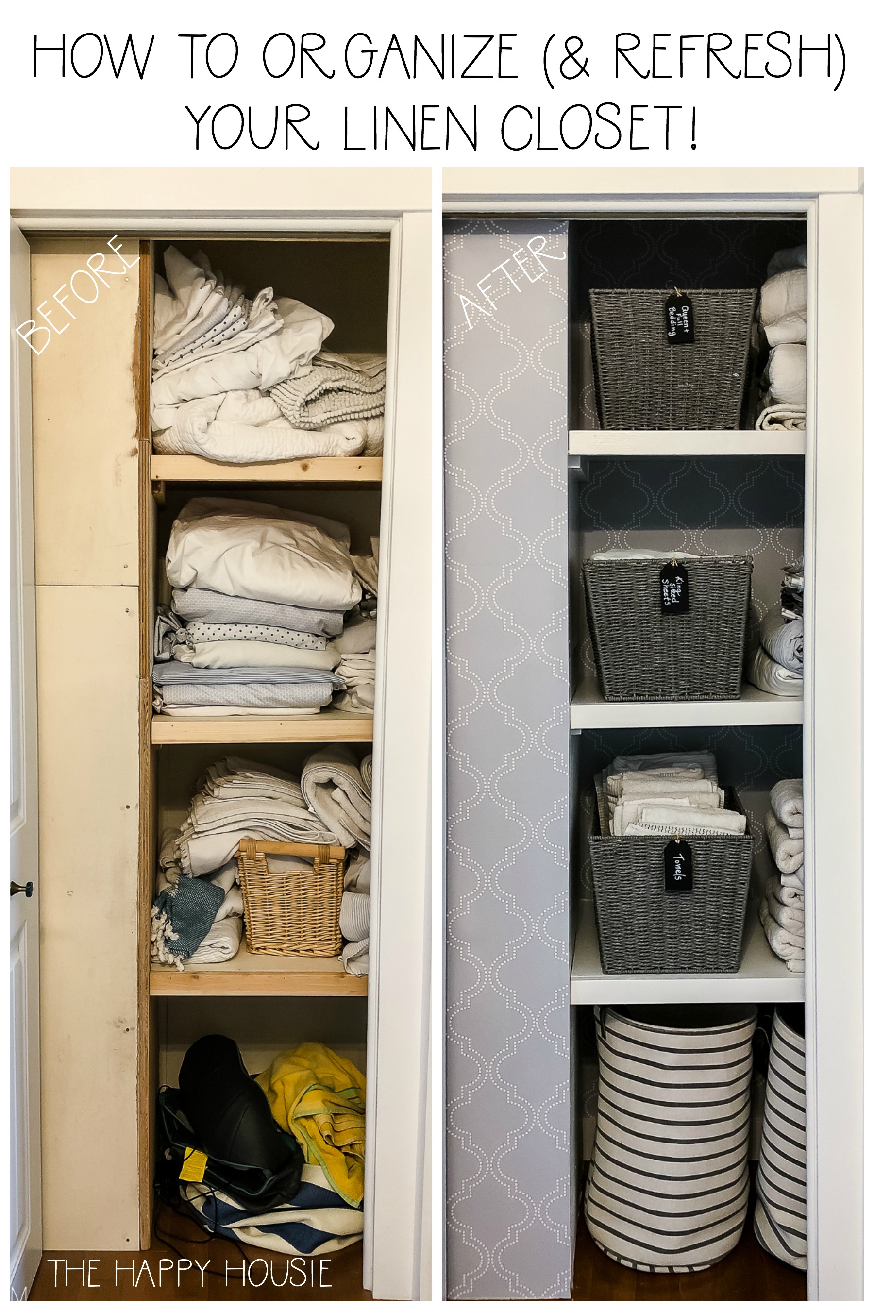 a linen closet updated with grey peel and stick wallpaper and pretty grey baskets for storage