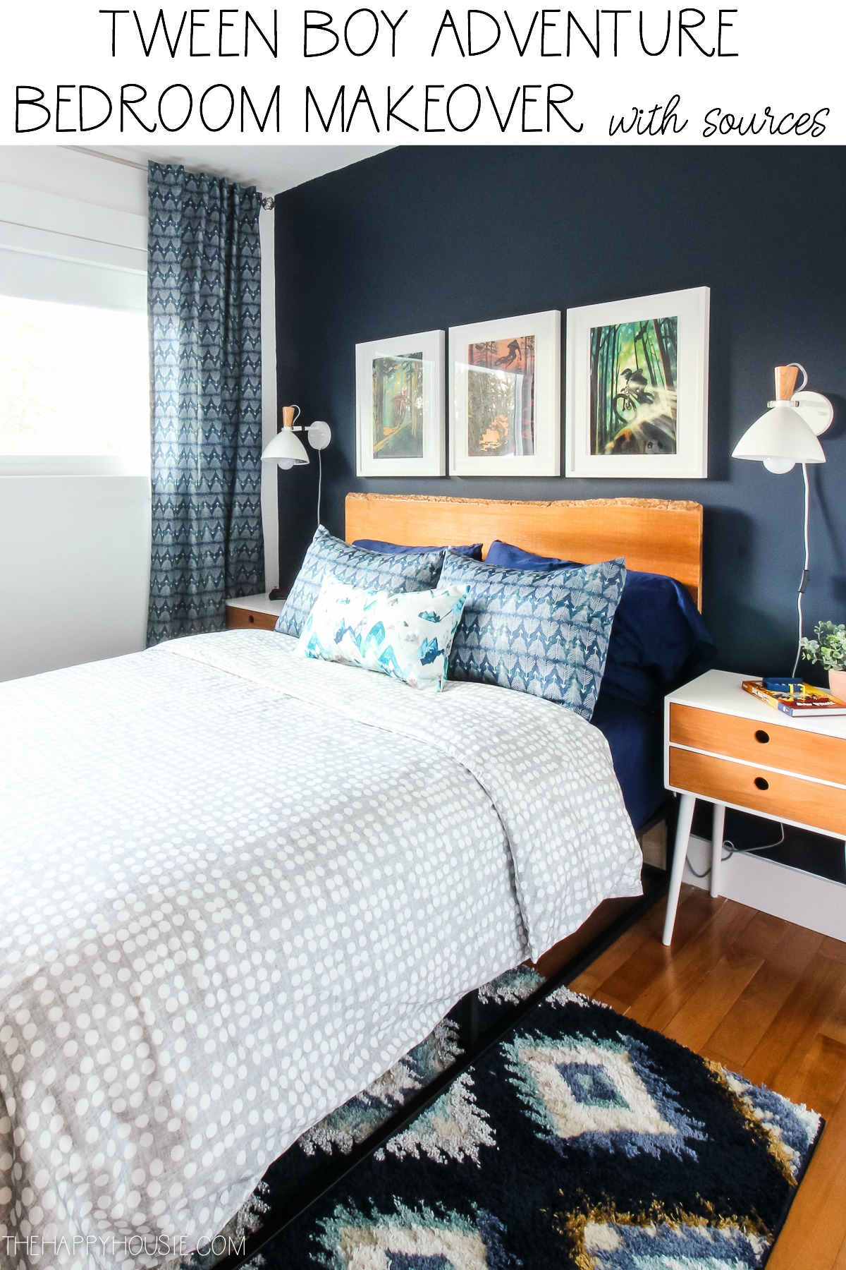 Tween boy bedroom makeover reveal featuring a Hale Navy feature wall and live edge headboard 