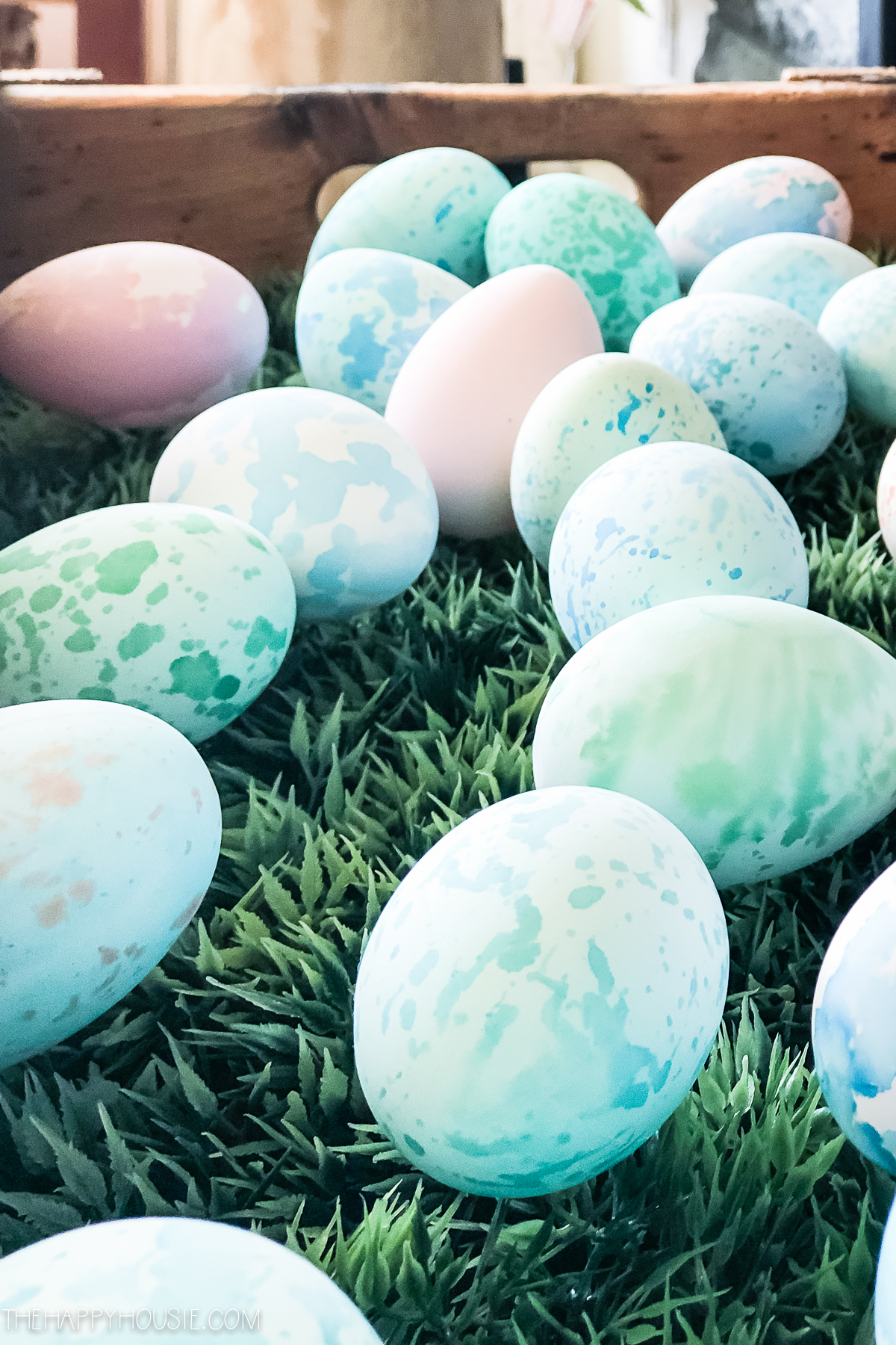 Up close picture of the coloured Easter eggs.