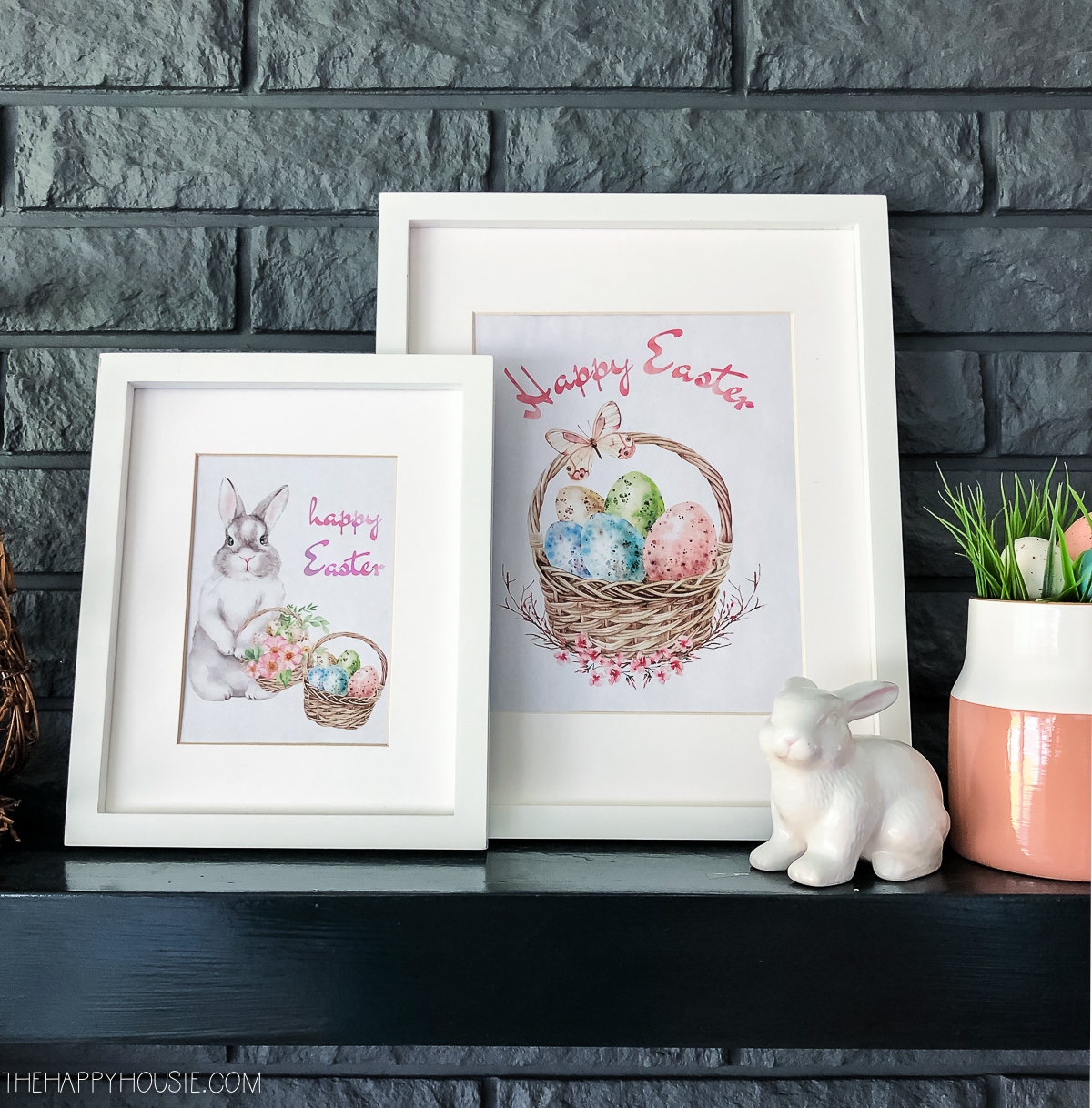 Printables that are on the shelf which are in white frames.