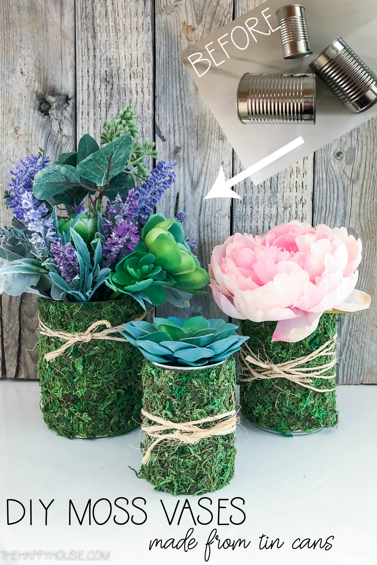 DIY moss vases with flowers and succulents.