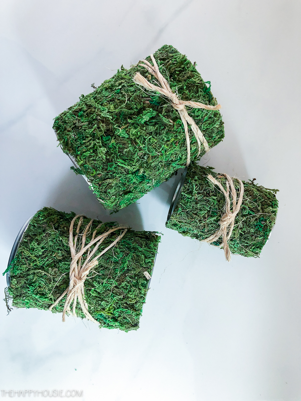 Moss covered cans with twine wrapped around it.