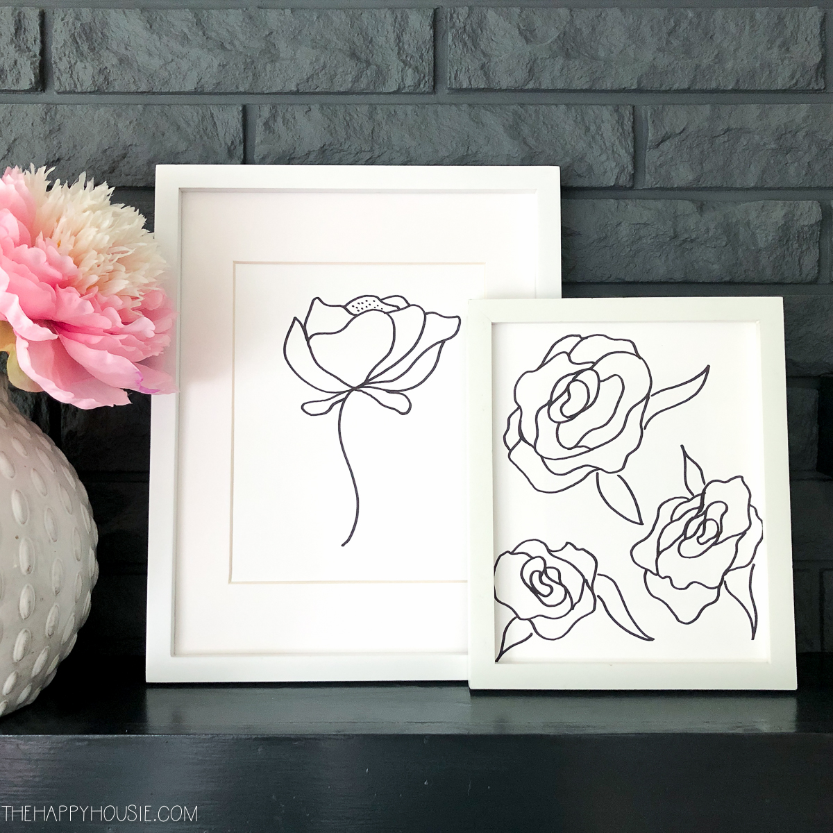 The peony line drawings framed.