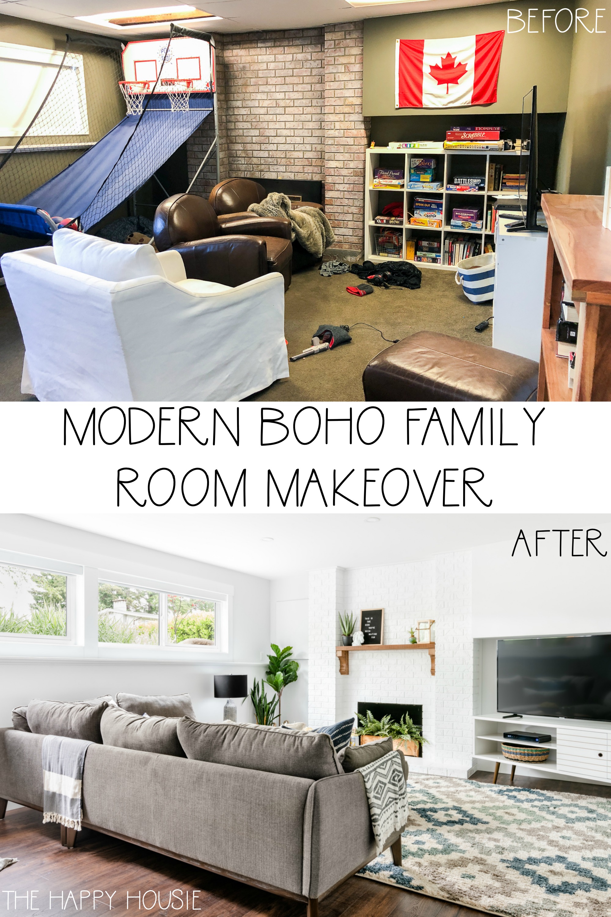 Modern boho family room makeover graphic.