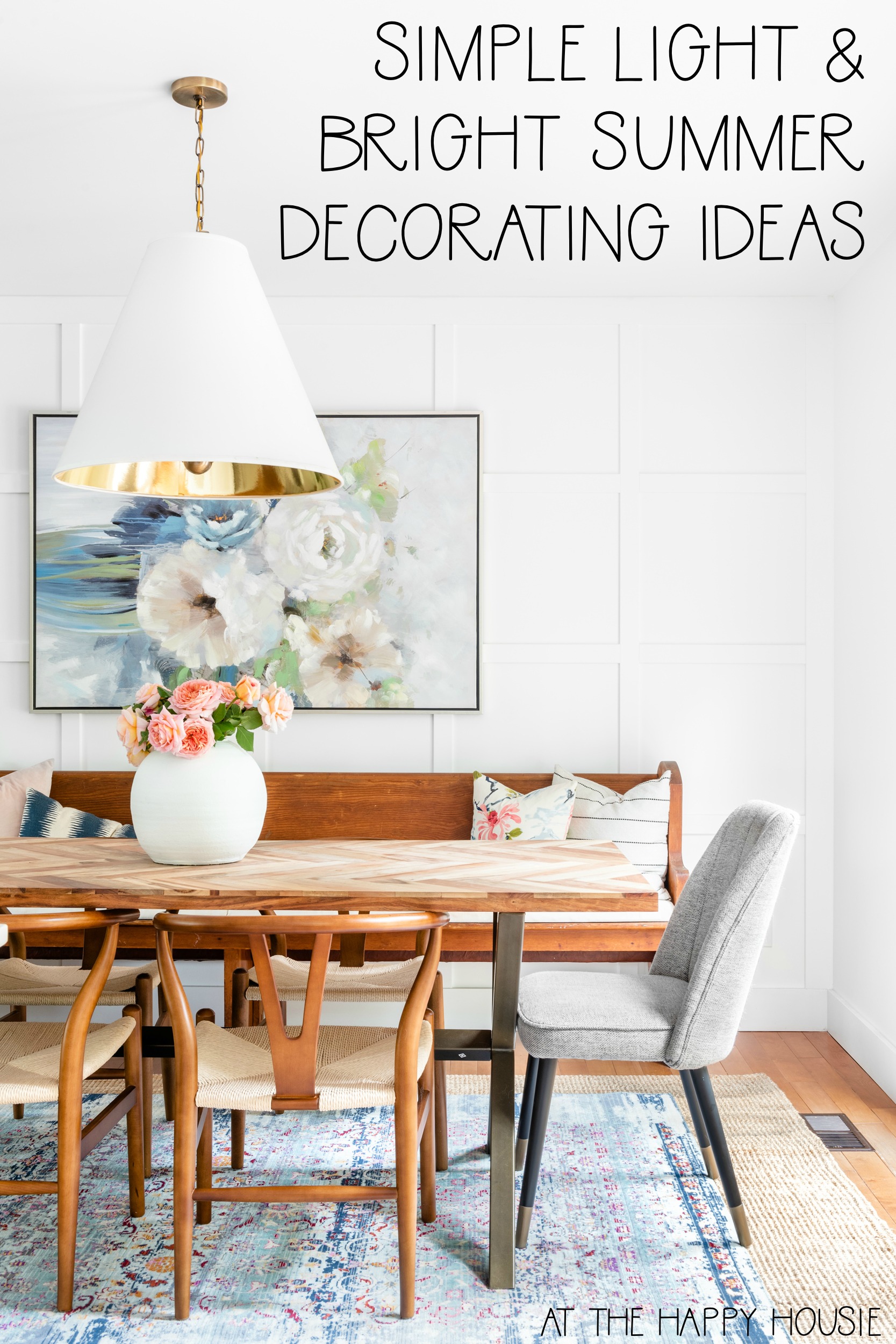light bright and airy dining room with panelled walls and summer decor ideas