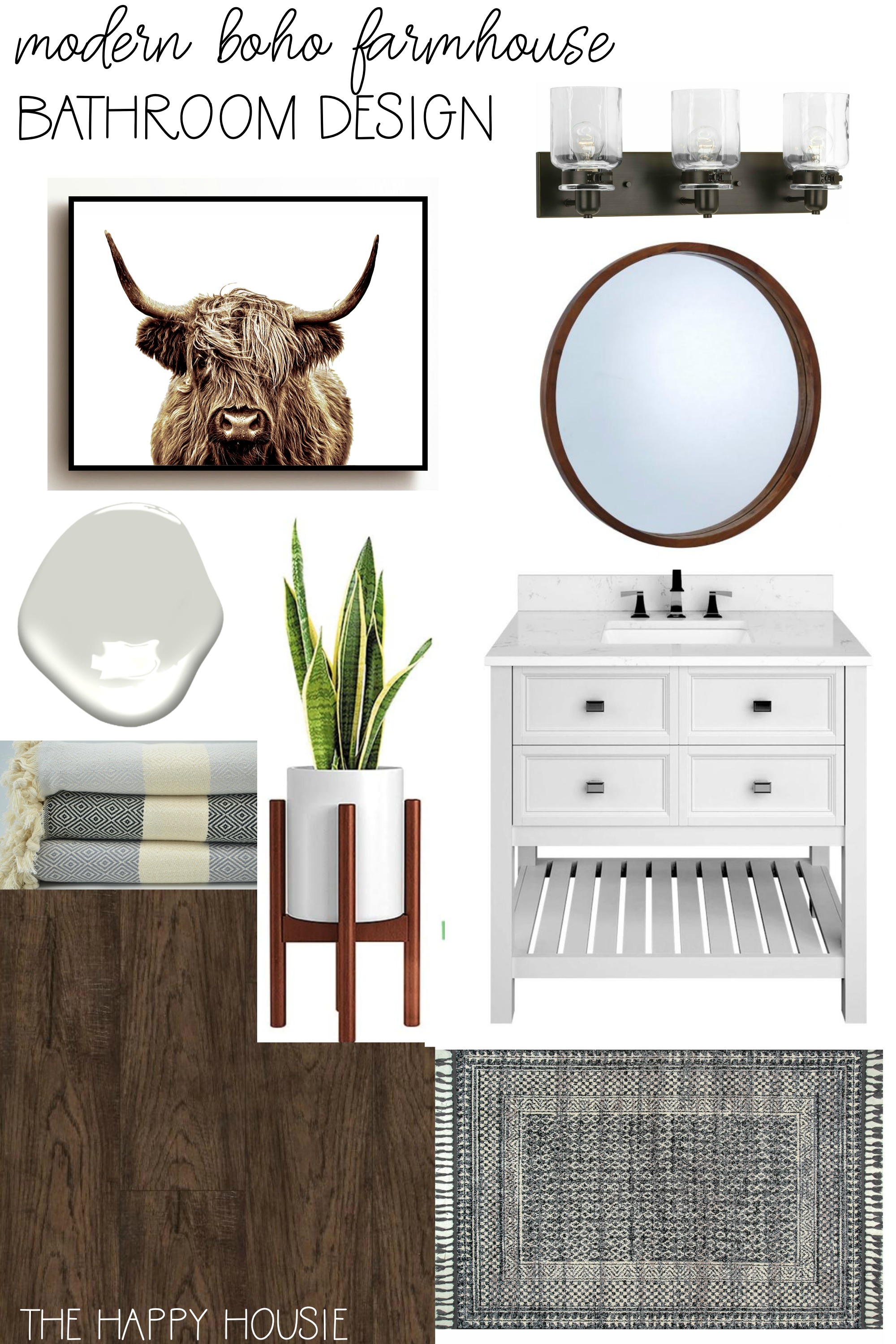 Mood Board for the boho bathroom with a round mirror and a water buffalo picture.