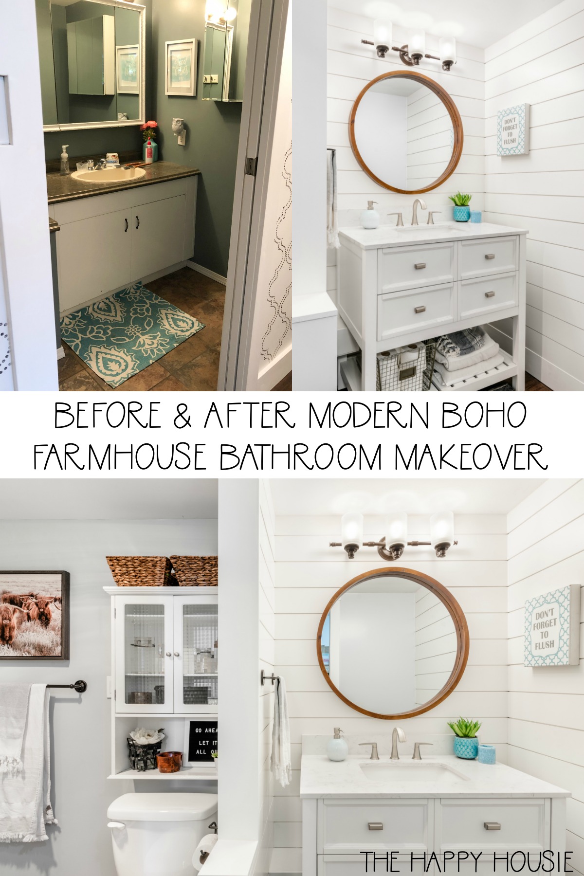 Before and After Modern Boho Farmhouse Bathroom Makeover poster.