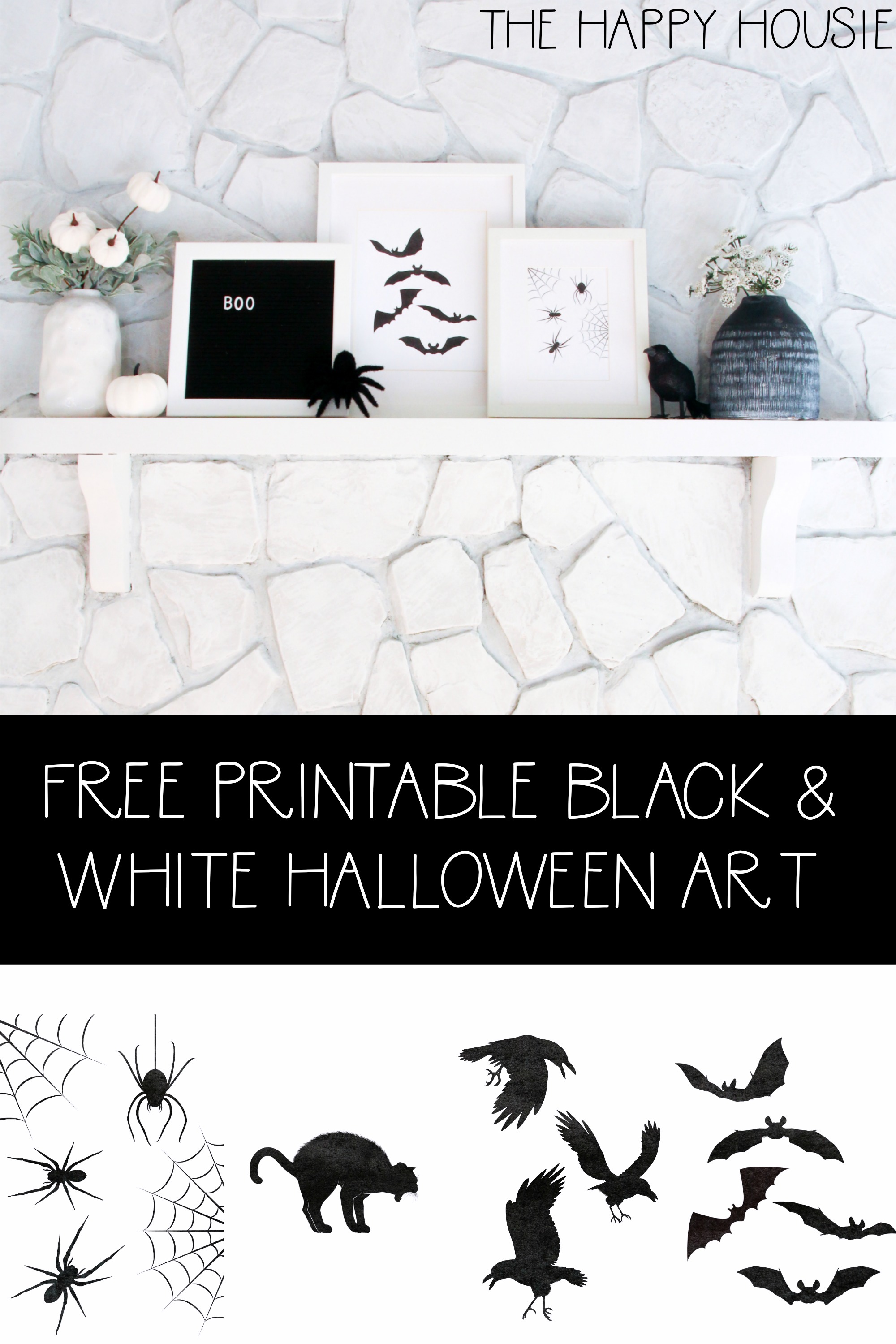 Free Printable Black and White Halloween Art poster.