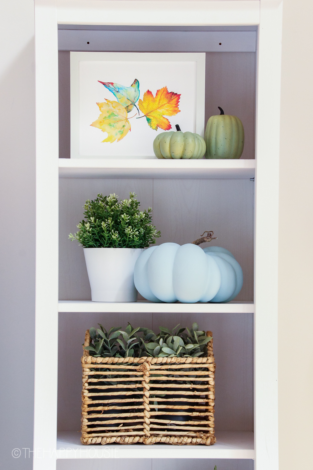 There is a leaf print, pumpkins, and a woven basket filled with plants on the shelves.