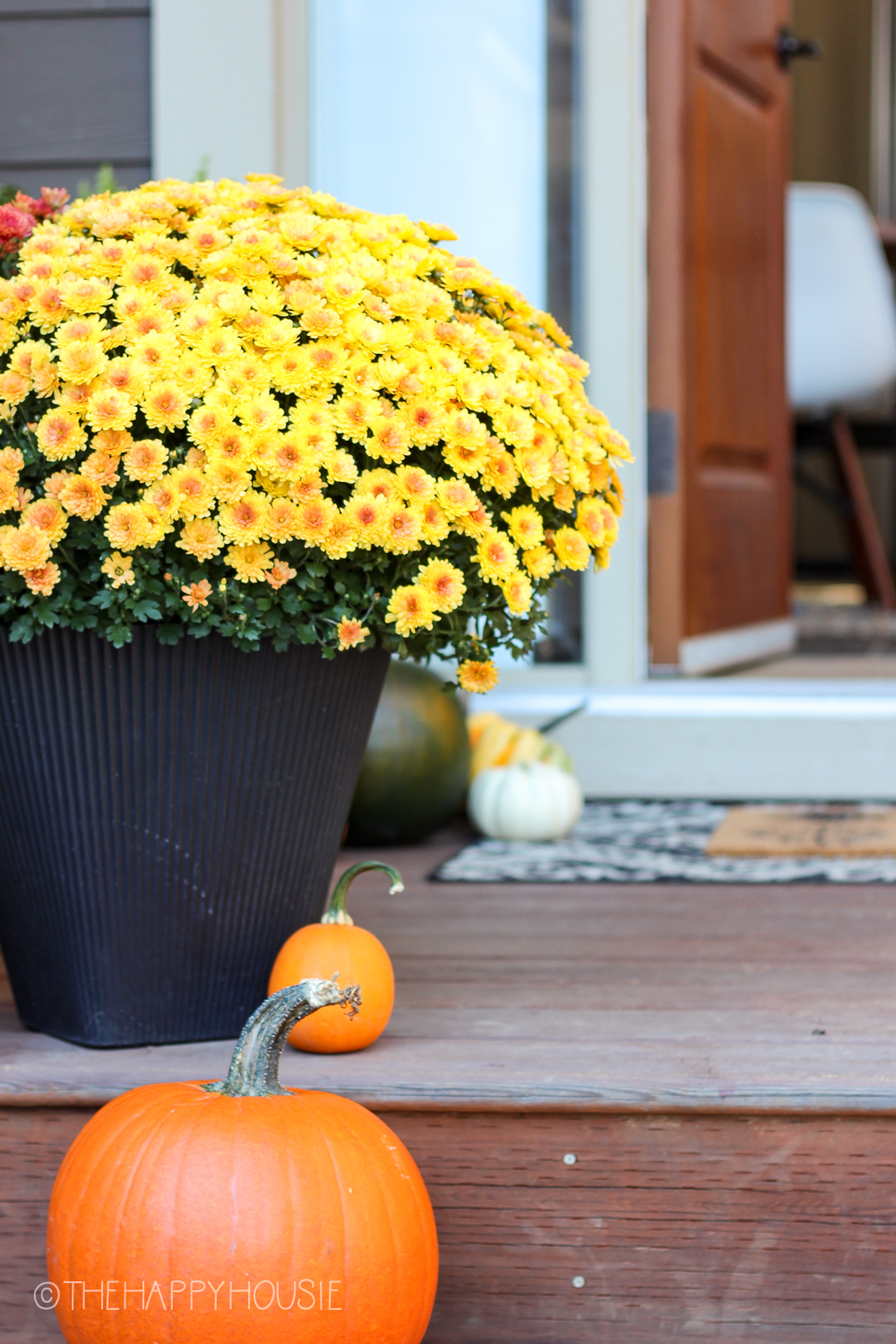 A pot filled with yellow bright flowers on the porch.
