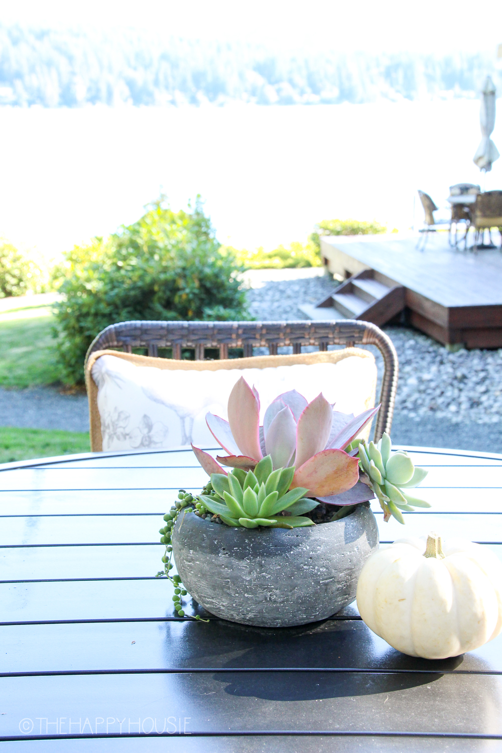 There is a little planter with succulents a single white mini pumpkin on the round outdoor table.