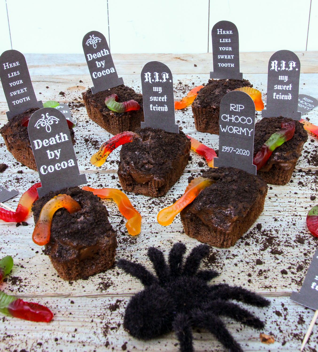 Death By Cocoa and RIP signs on the cupcakes with a black spider in between them.
