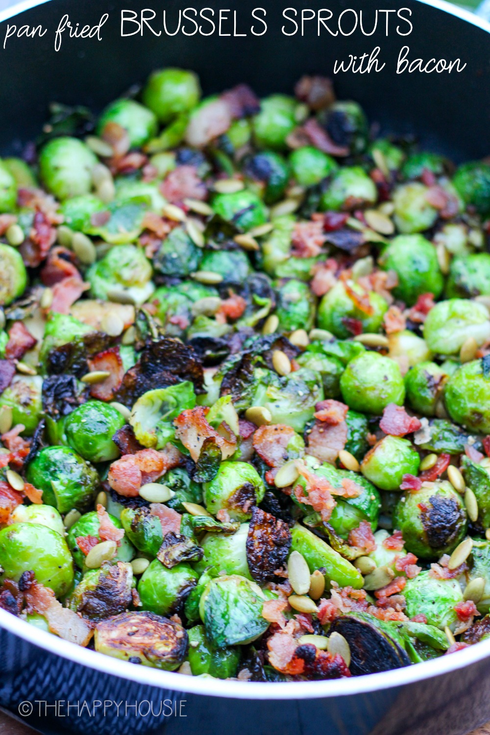 The recipe for pan fried Brussel sprouts and bacon graphic.