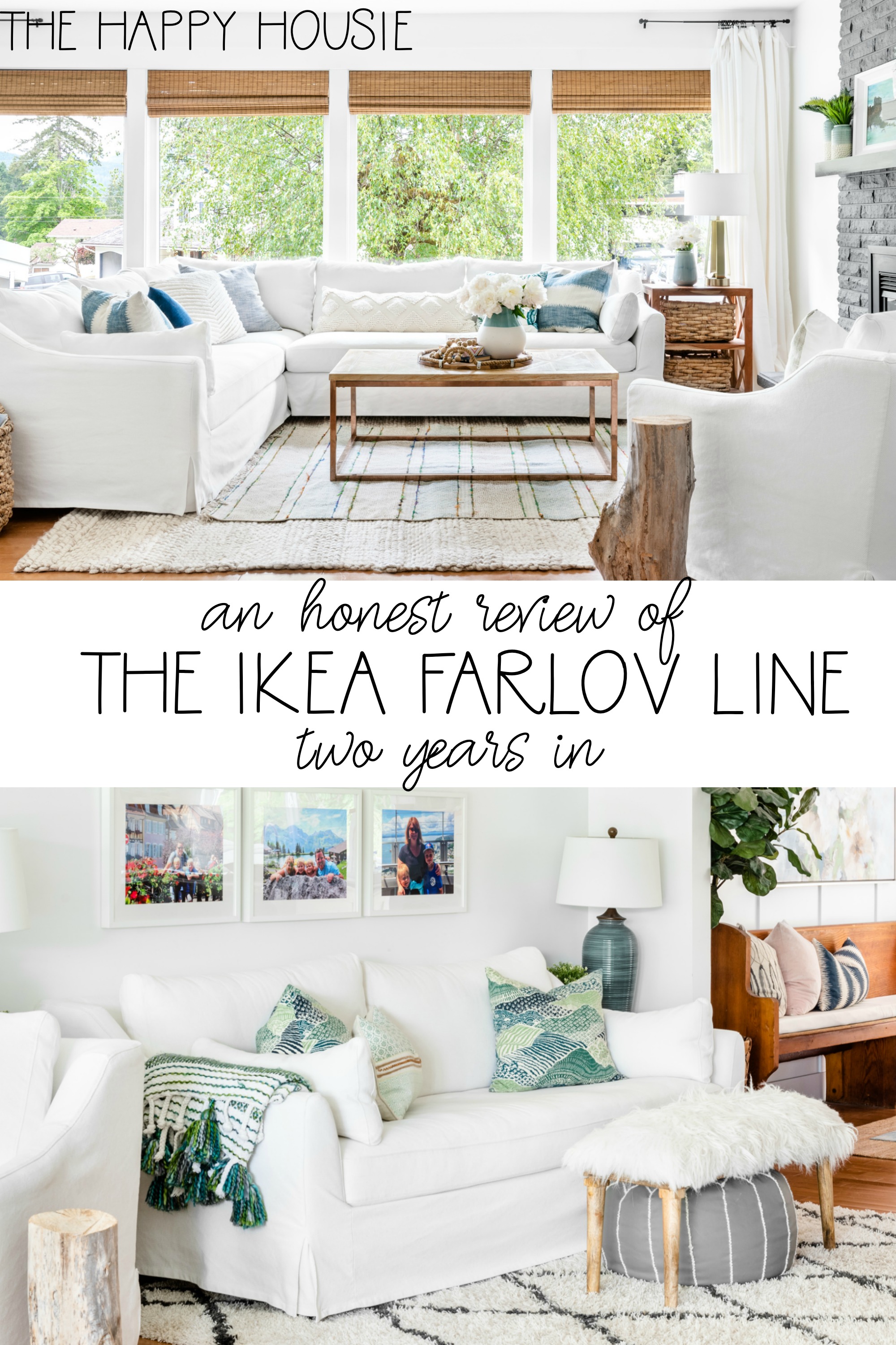 a decorated living room space featuring Ikea Farlov sofa and Ikea Farlov section with white slipcovers 