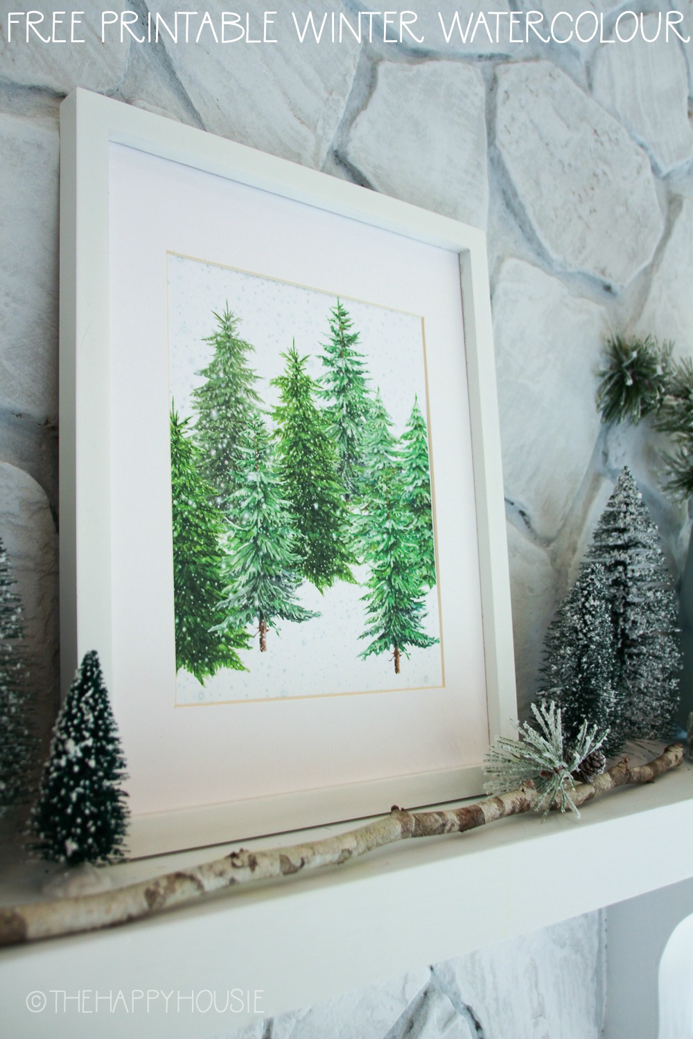 The snowy forest printable framed in white.