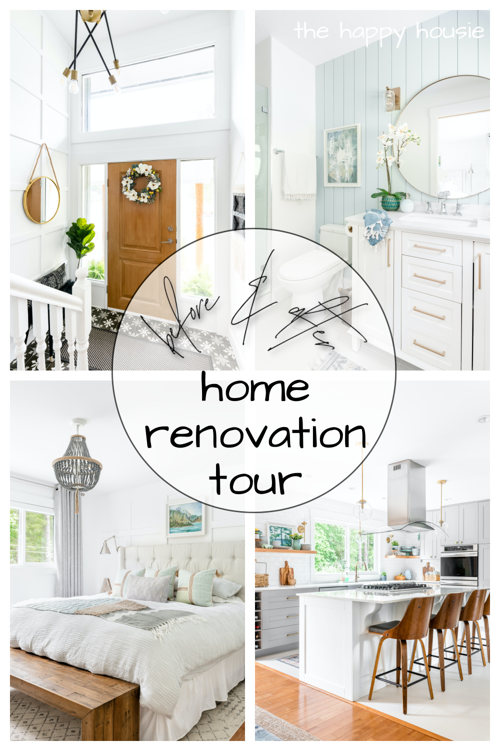 A collage featuring a bright and renovated foyer, bathroom, kitchen, and bedroom
