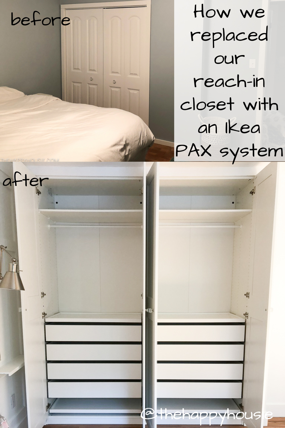 a basic reach-in closet being changed over to an Ikea Pax closet system