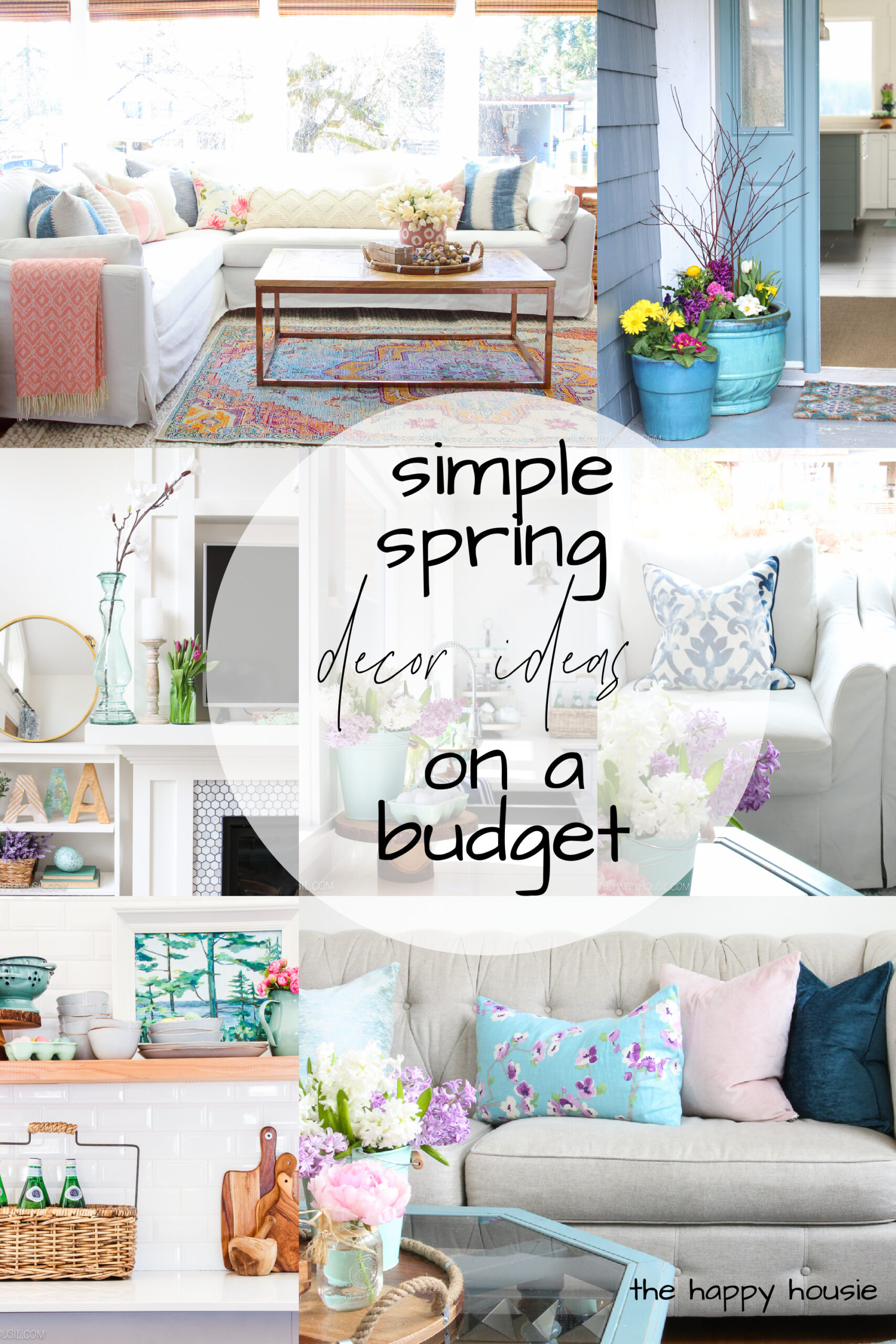 a collage image with spring decorating ideas in a living room, kitchen, and front porch