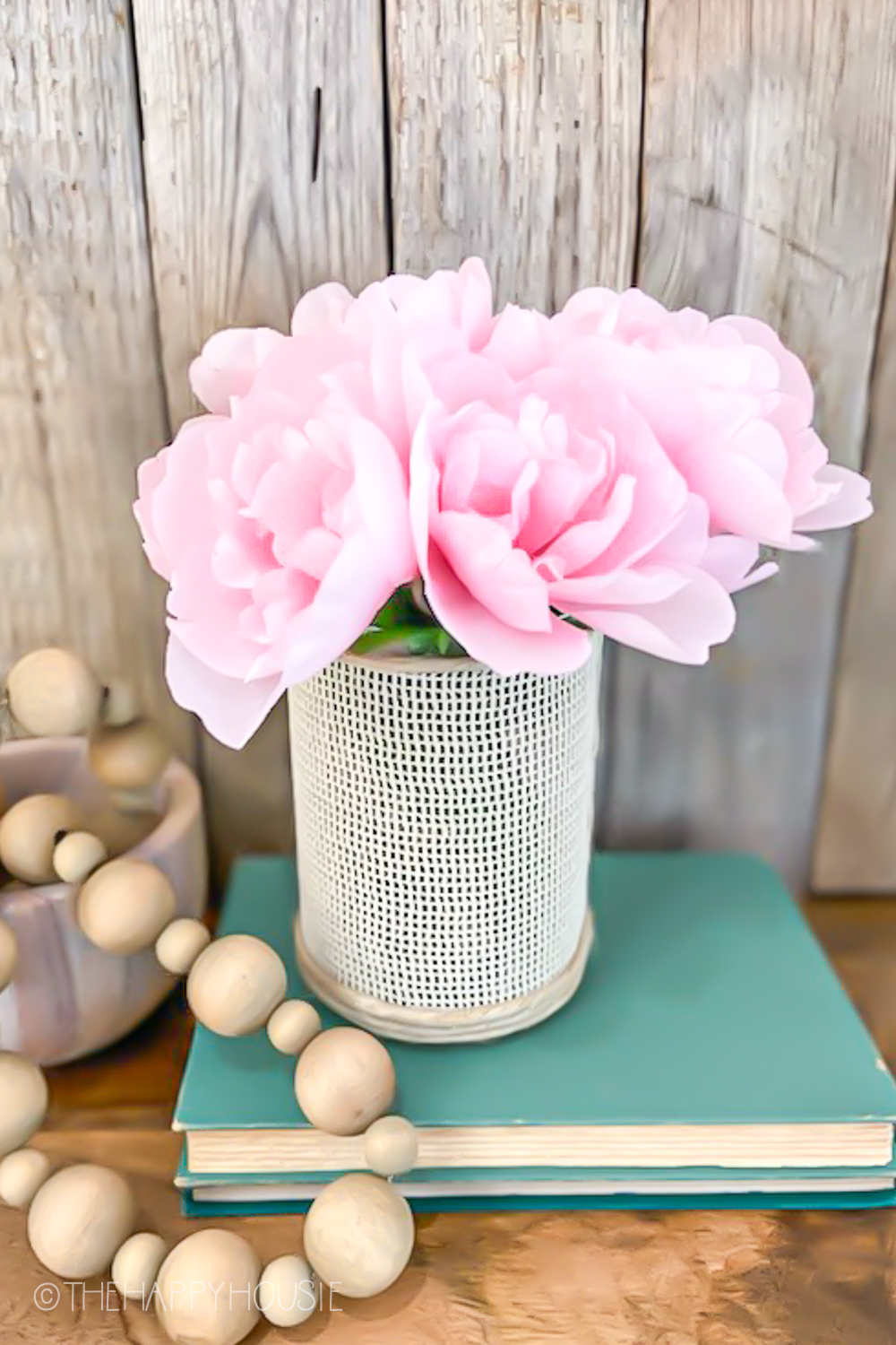 DIY Dollar Store Faux Cane Vase with Peonies
