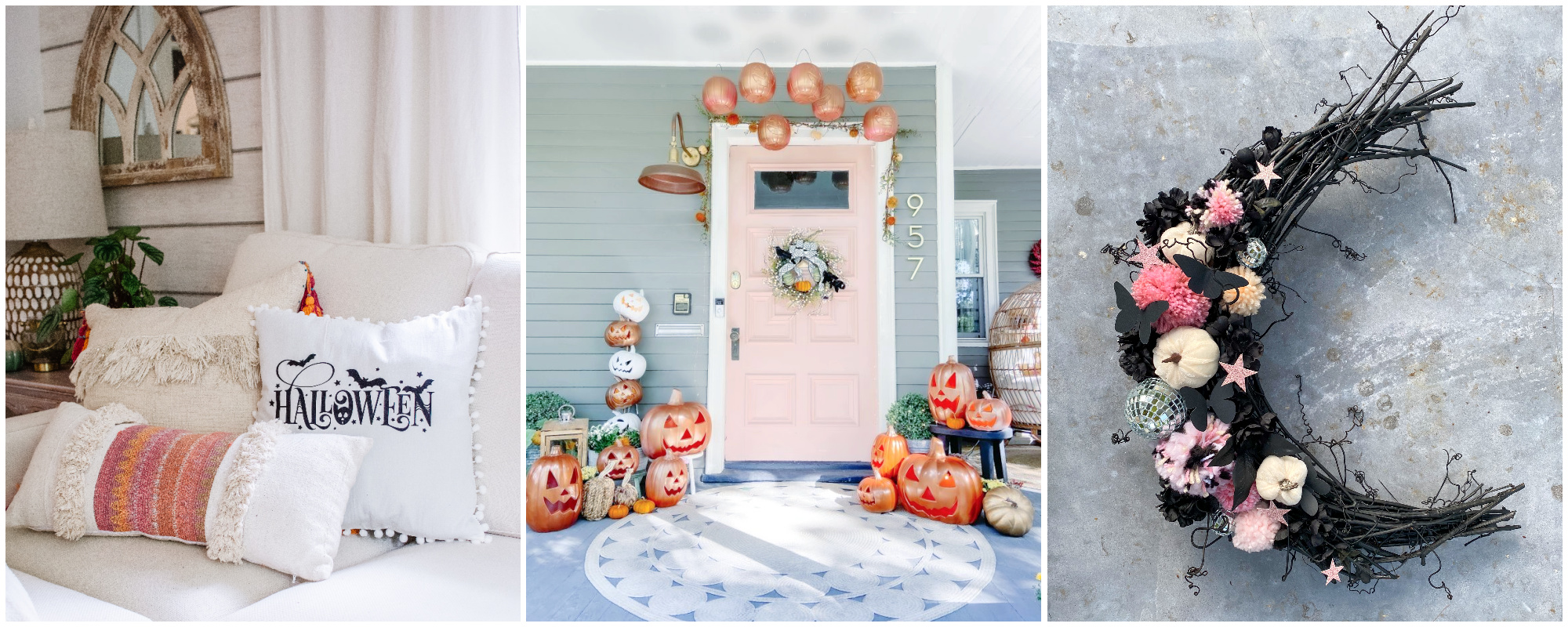 a collage image of three Halloween decor projects