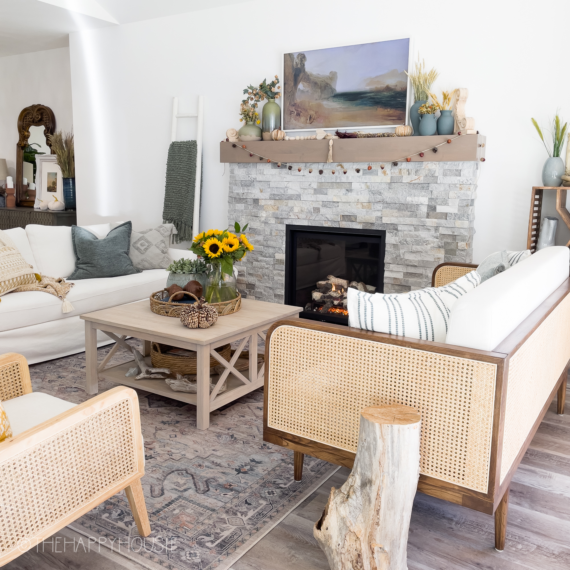 Light modern farmhouse style living room featuring the Cleo Rattan Sofa