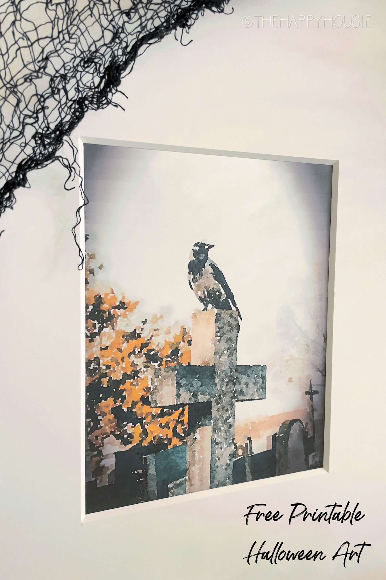 a crow in a graveyard free printable Halloween painting