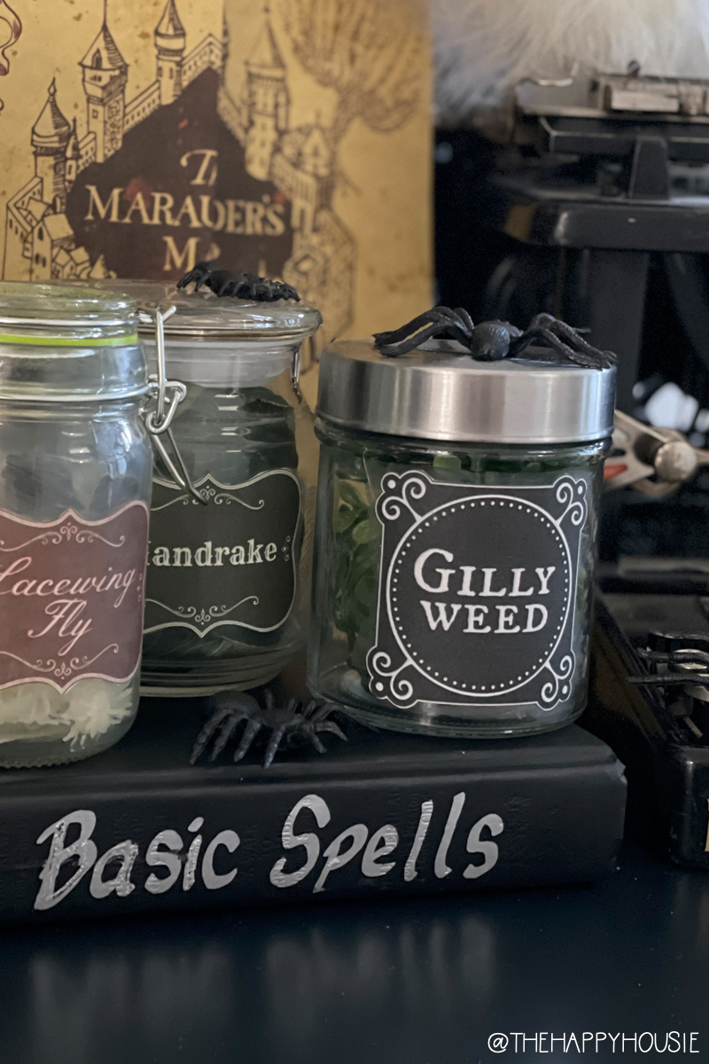 Bottles and jars with labels like gilly weed.