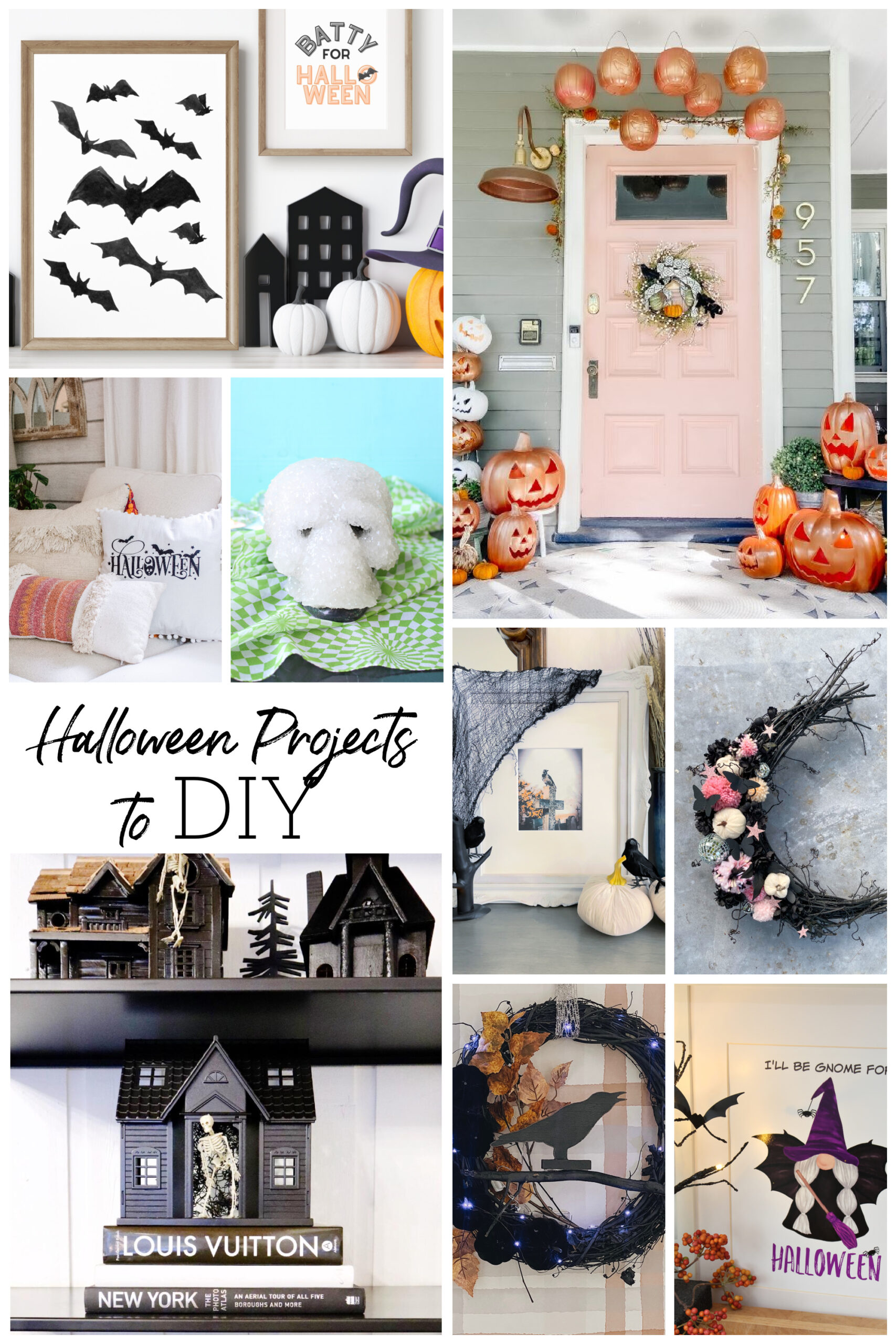 a collage image with several Halloween DIY projects and decorating ideas