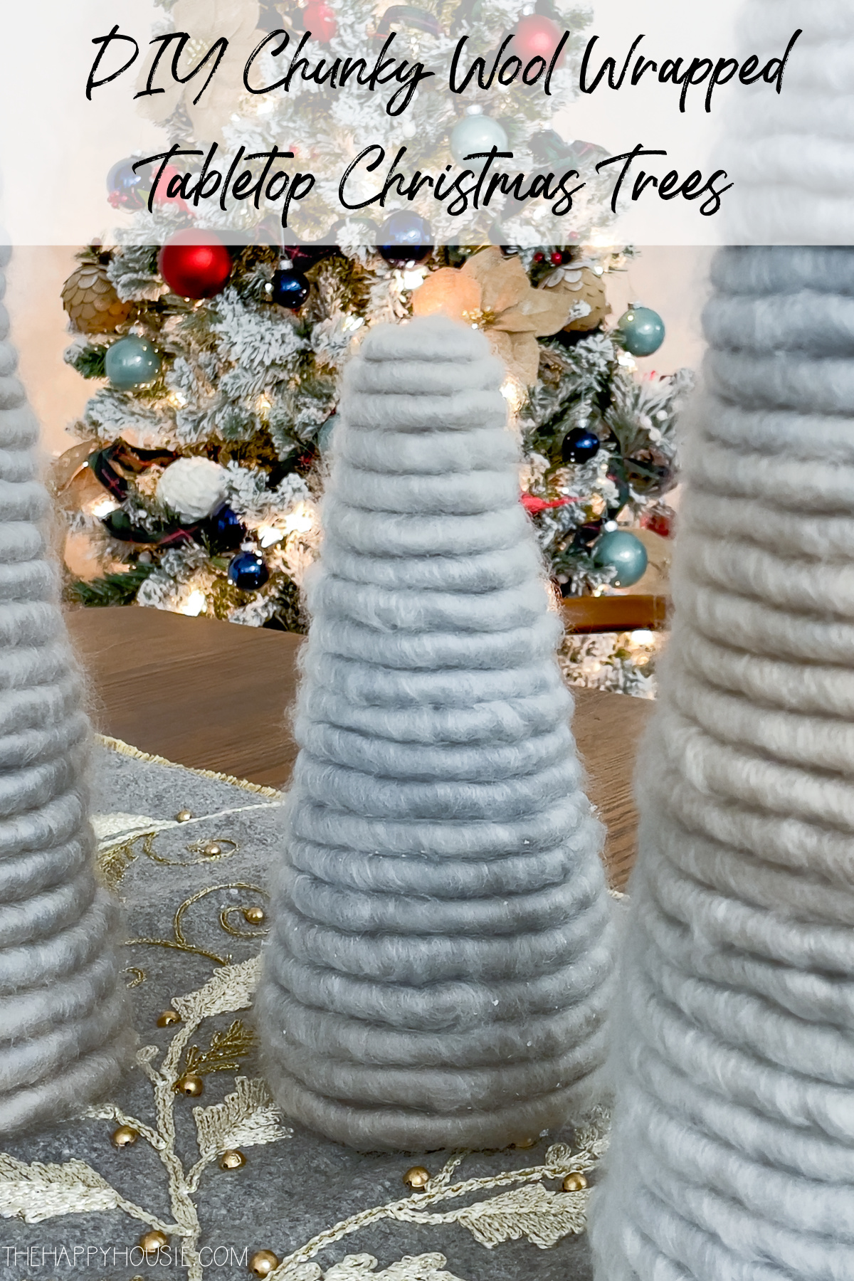 DIY Chunky Wool Wrapped Tabletop Christmas Trees graphic.