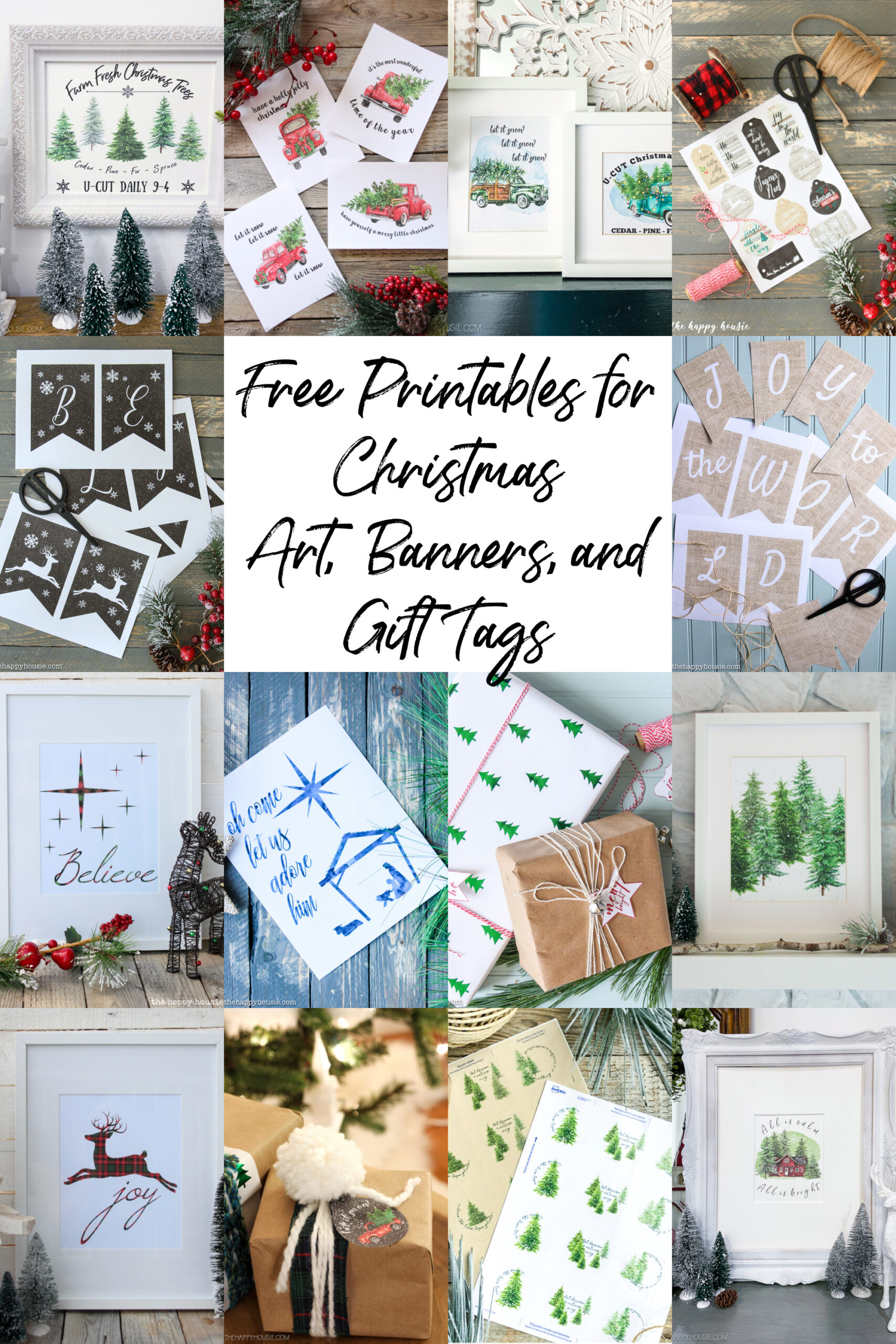 a collage image featuring free printables for Christmas including art, banners, and gift tags