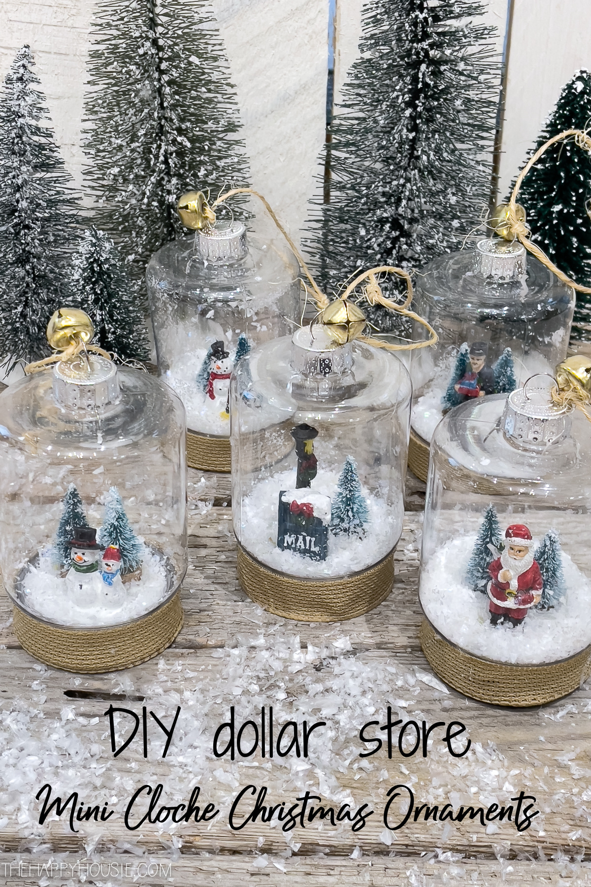 DIY Dollar Store Mini Cloche Christmas Ornaments graphic.