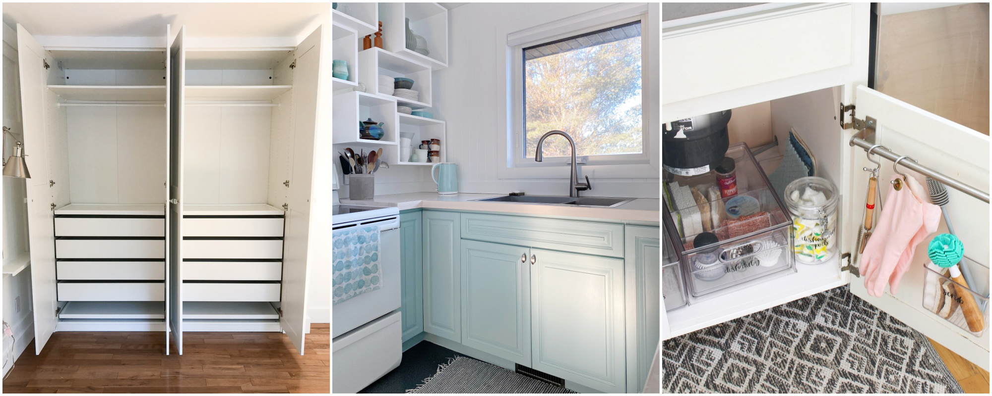 a collage image with a Pax closet, kitchen organization, and a aqua and white kitchen design