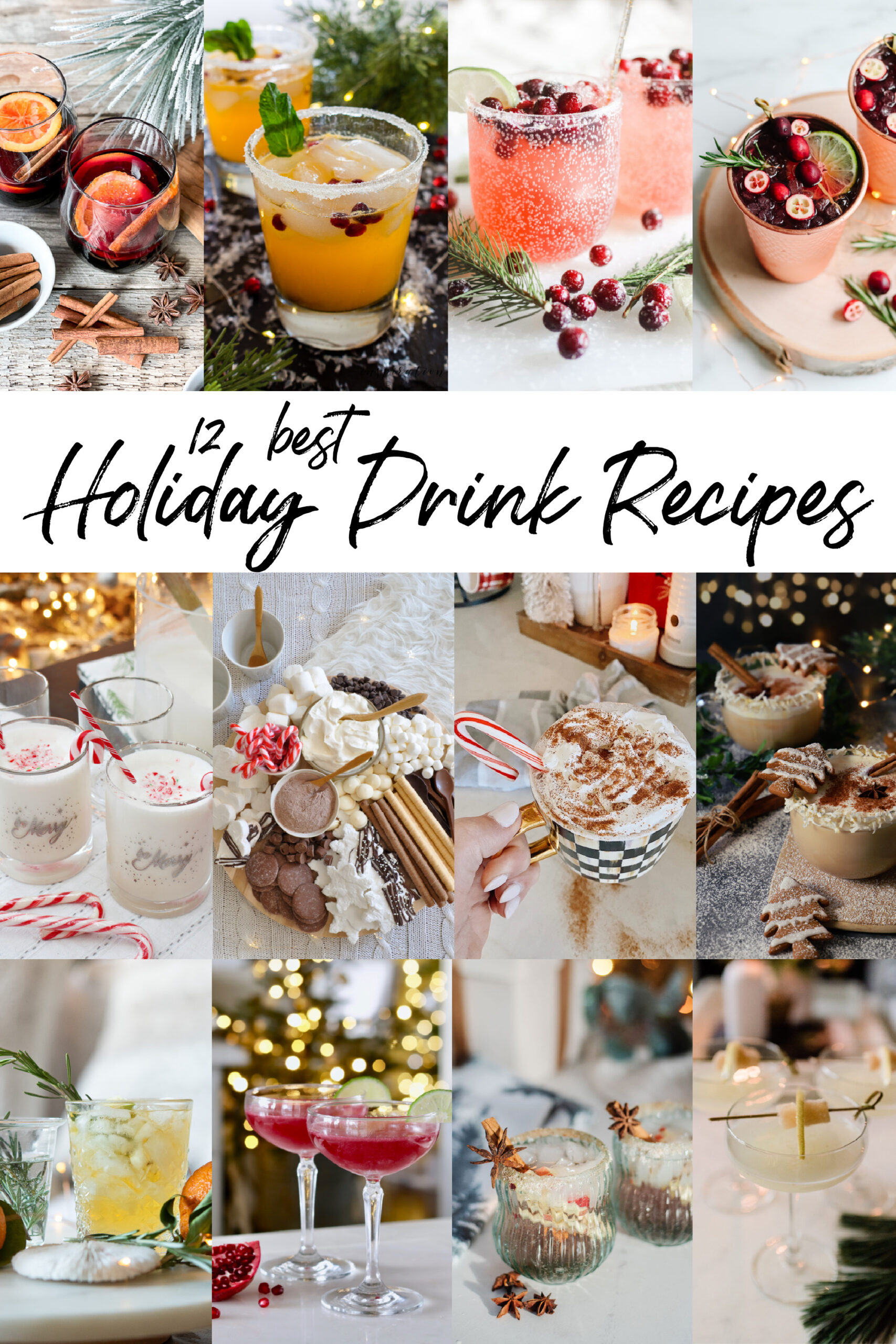 A collage image of 12 different delicious holiday drink recipe ideas