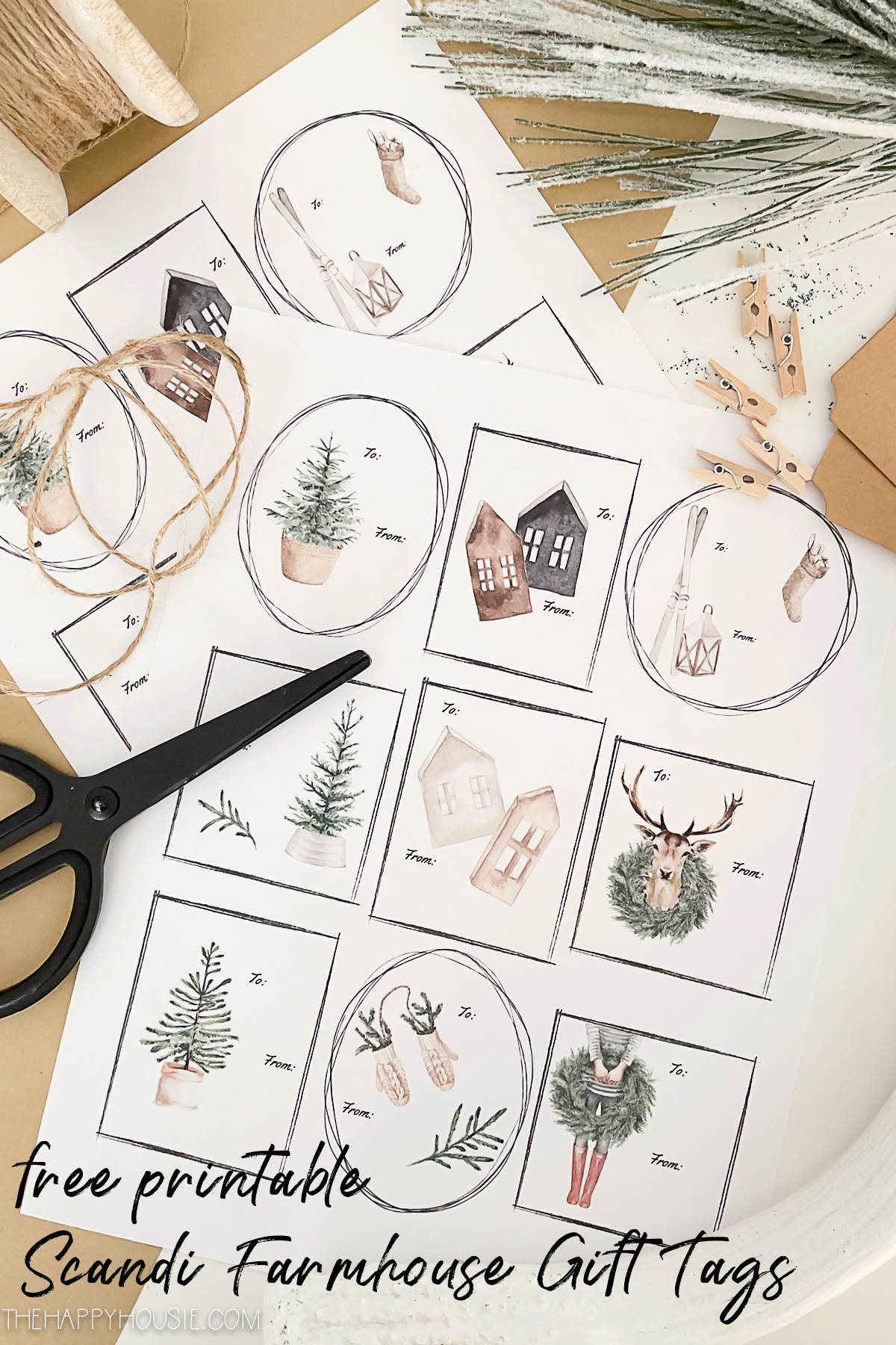 The free printable scandi farmhouse gift tags and scissors on the table.