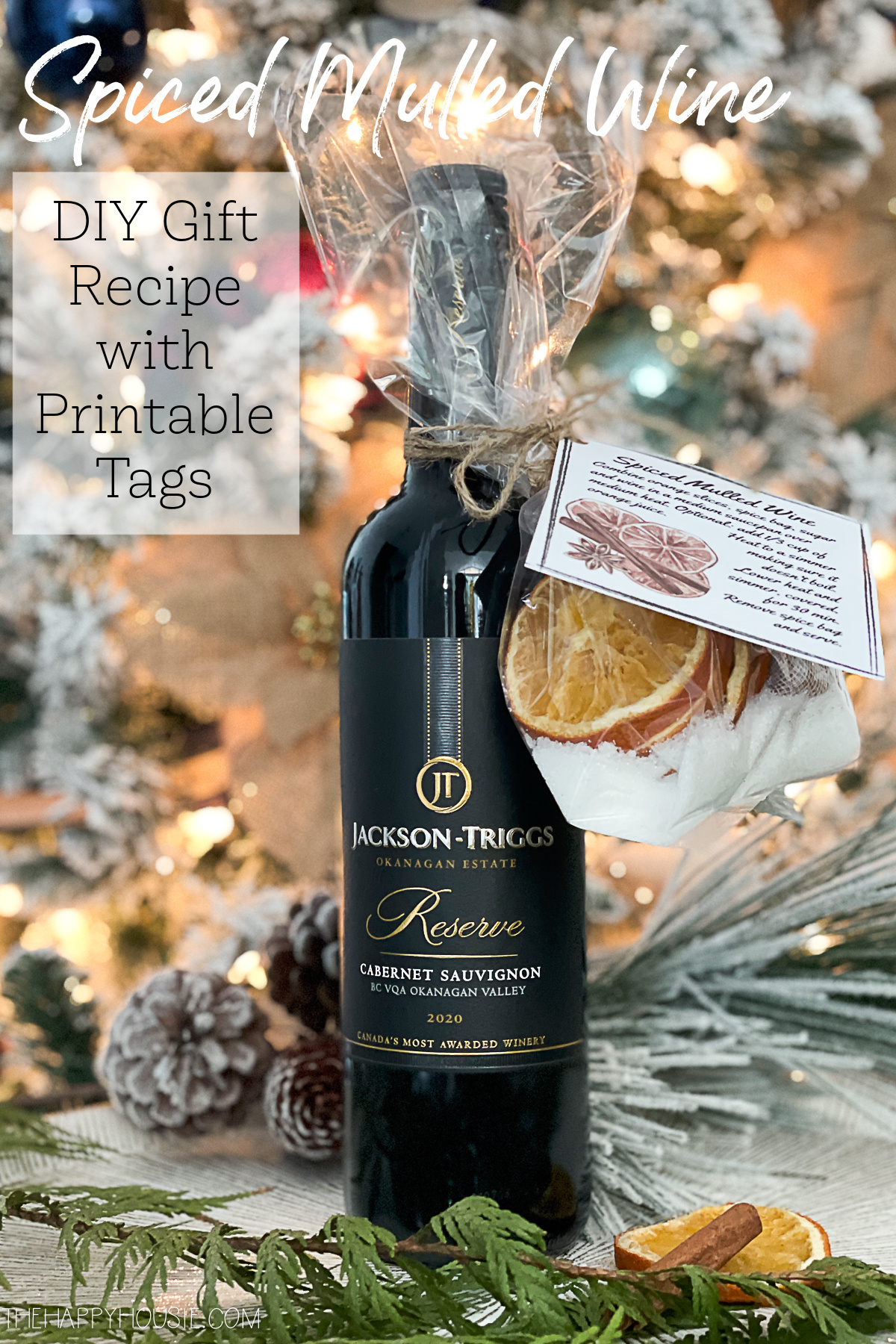 an image of a bottle of red wine with a mulling spice sachet and instructions for making mulled wine as a DIY Christmas gift idea