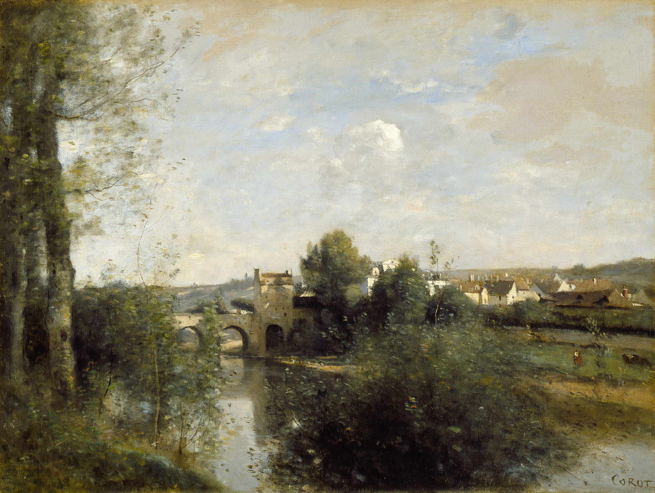 A vintage landscape featuring a river and old bridge