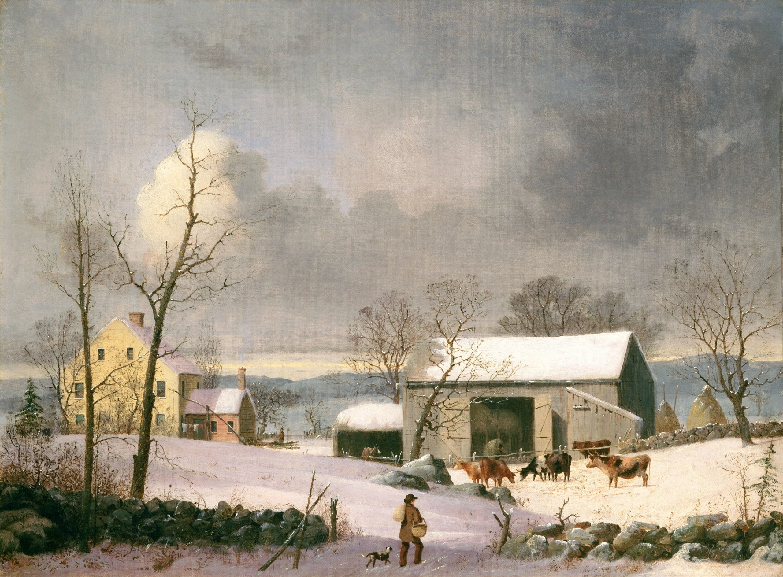 Painting of a farm in winter.