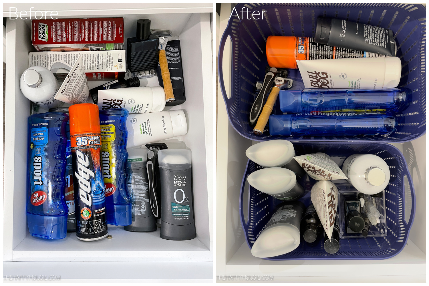 Before and after bathroom cabinet organization men's toiletries