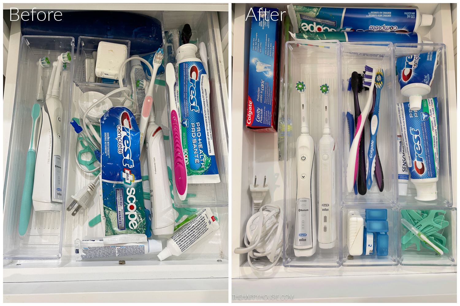 before and after bathroom cabinet organization toothbrush drawer