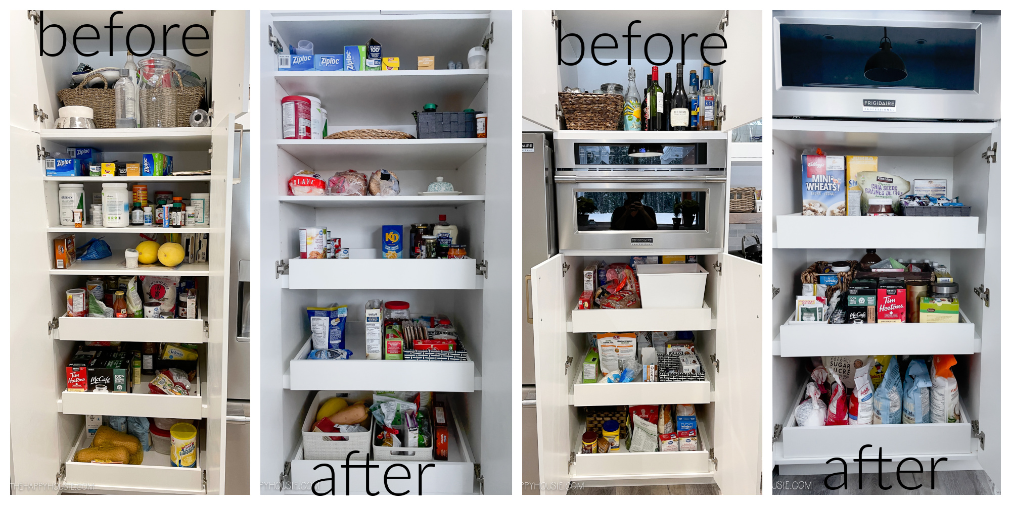 Before and after photos of an organized pantry.