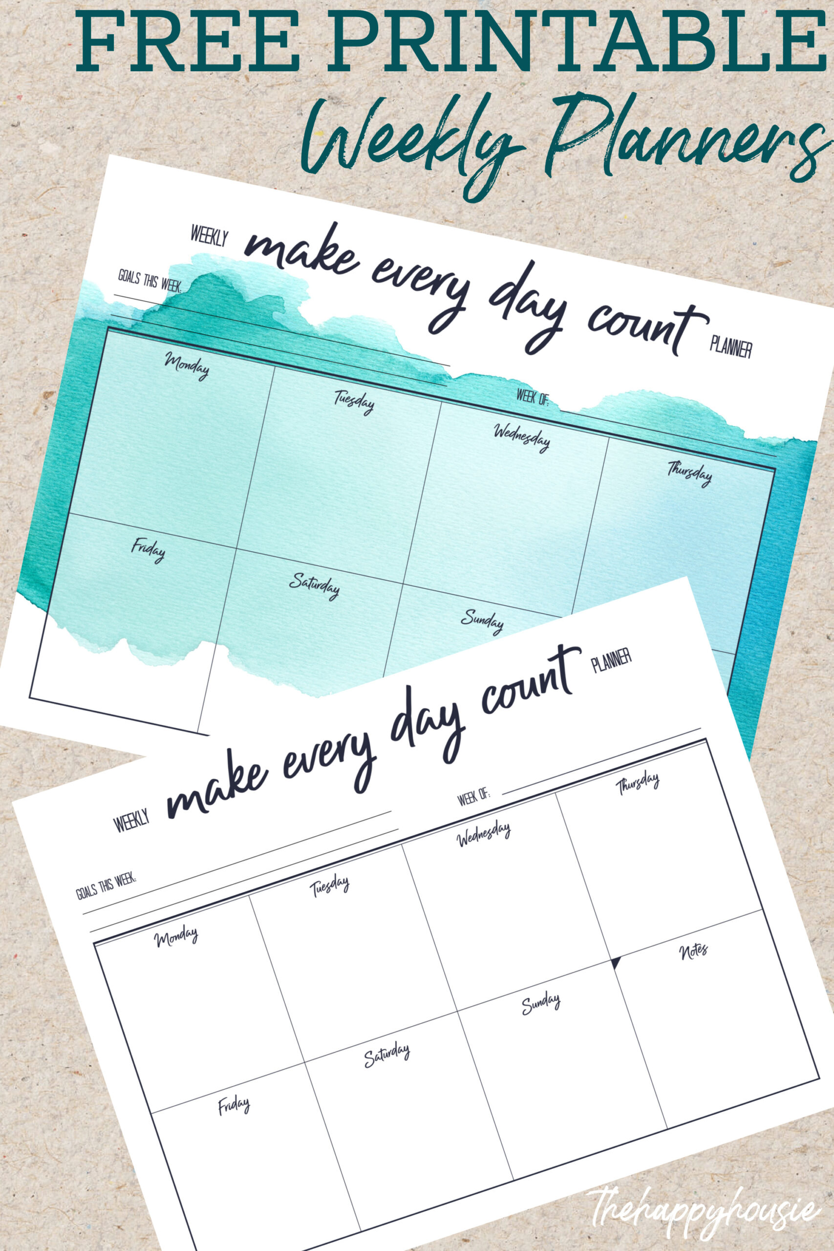Free printable weekly planners on a neutral background