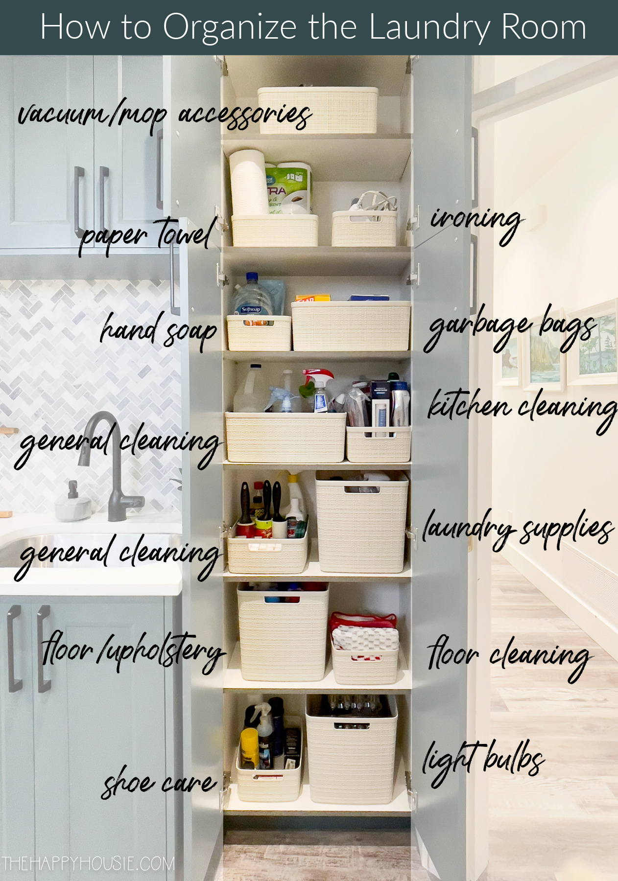 An open shelf in the laundry room with baskets that are all labelled and grouped by supplies.