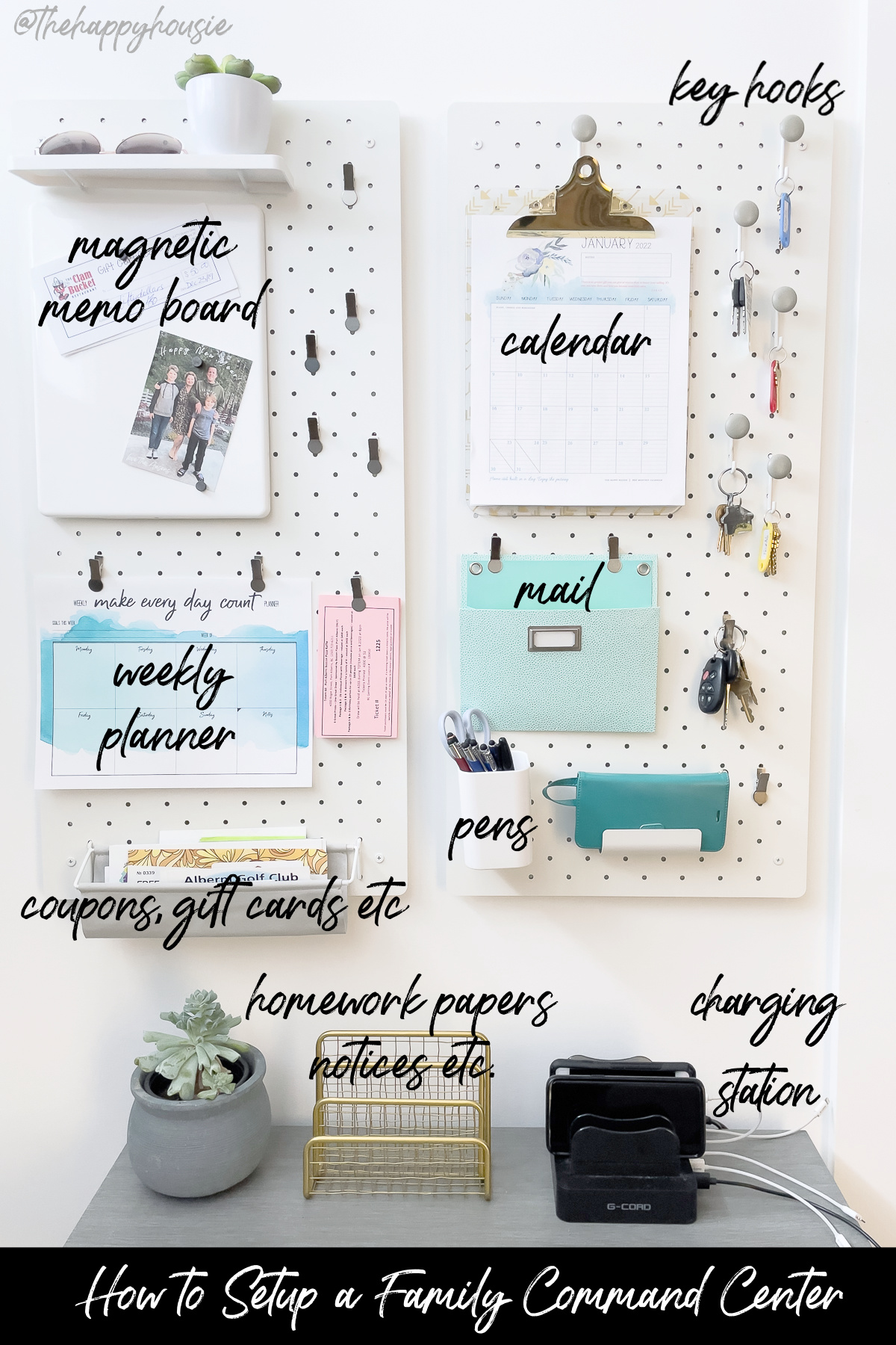 a pegboard organizer labeled with the different categories for a family command center